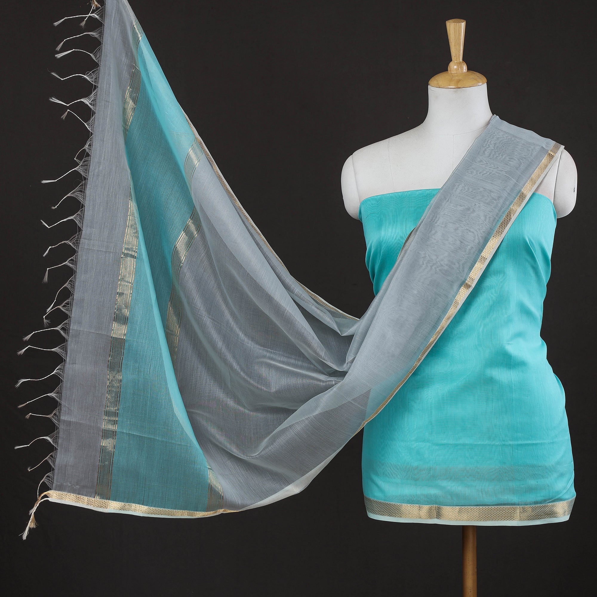 ITOKRI CRAFTS INITIATIVE Blue - 2pc Handloom Silk Cotton Zari Work Suit Material Set