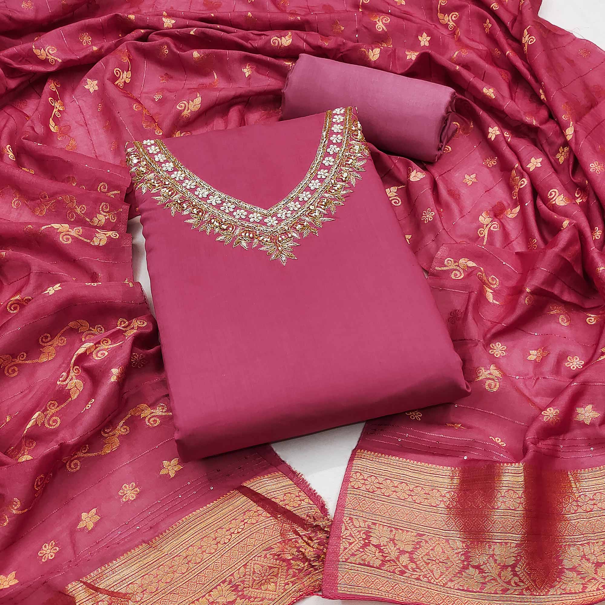 Peachmode Pink Beads Embroidered Viscose Dress Material