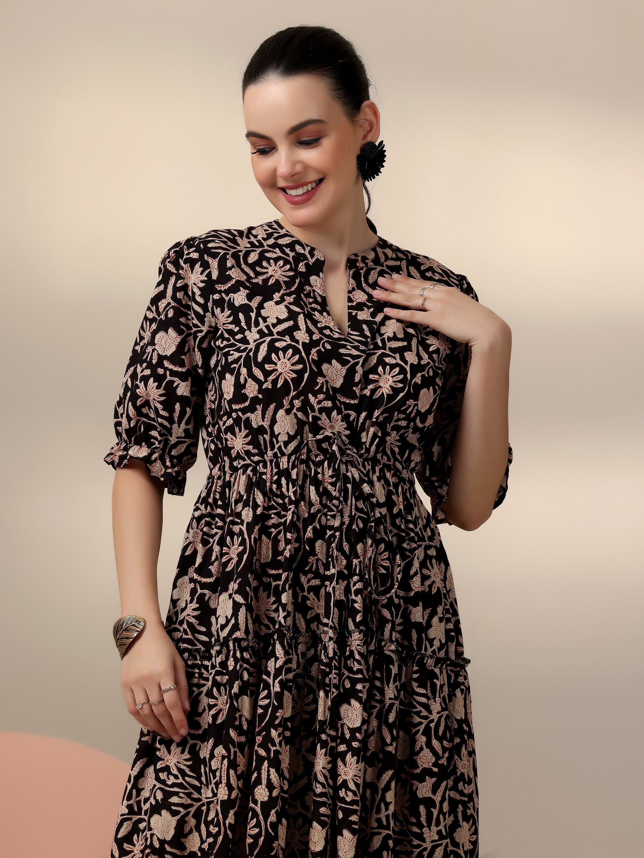 Libas Black Printed Cotton Fit and Flare Dress - view 4