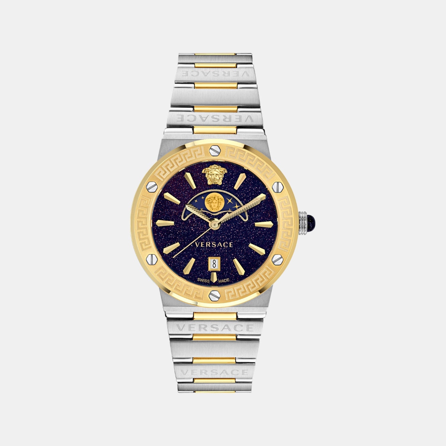 Versace Greca Logo Moonphase Unisex Quartz Blue Dial Analog Stainless Steel Watch VE7G00223