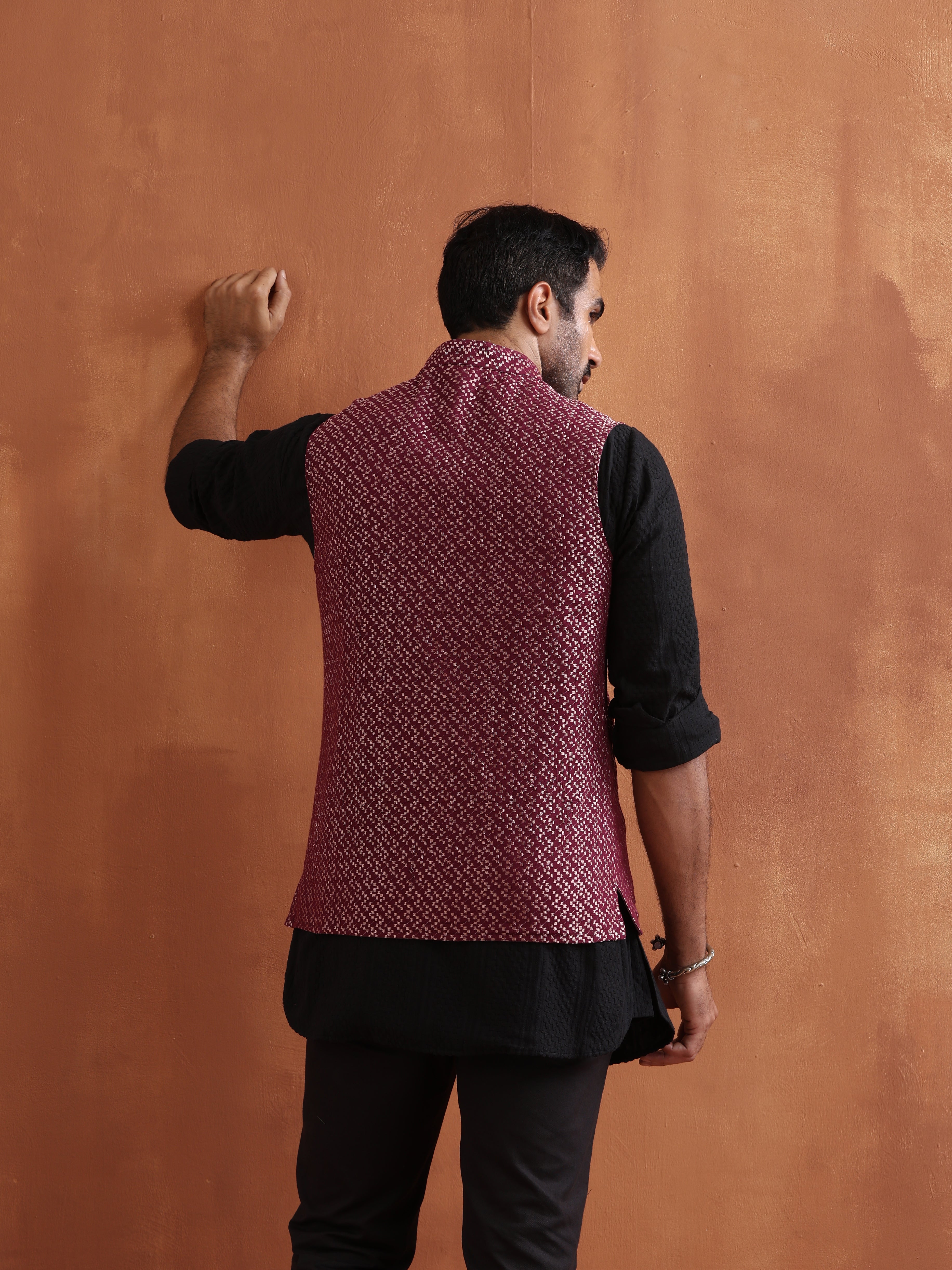 trueBrowns Men's Dark Purple Cotton Dobby Nehru Jacket - view 4