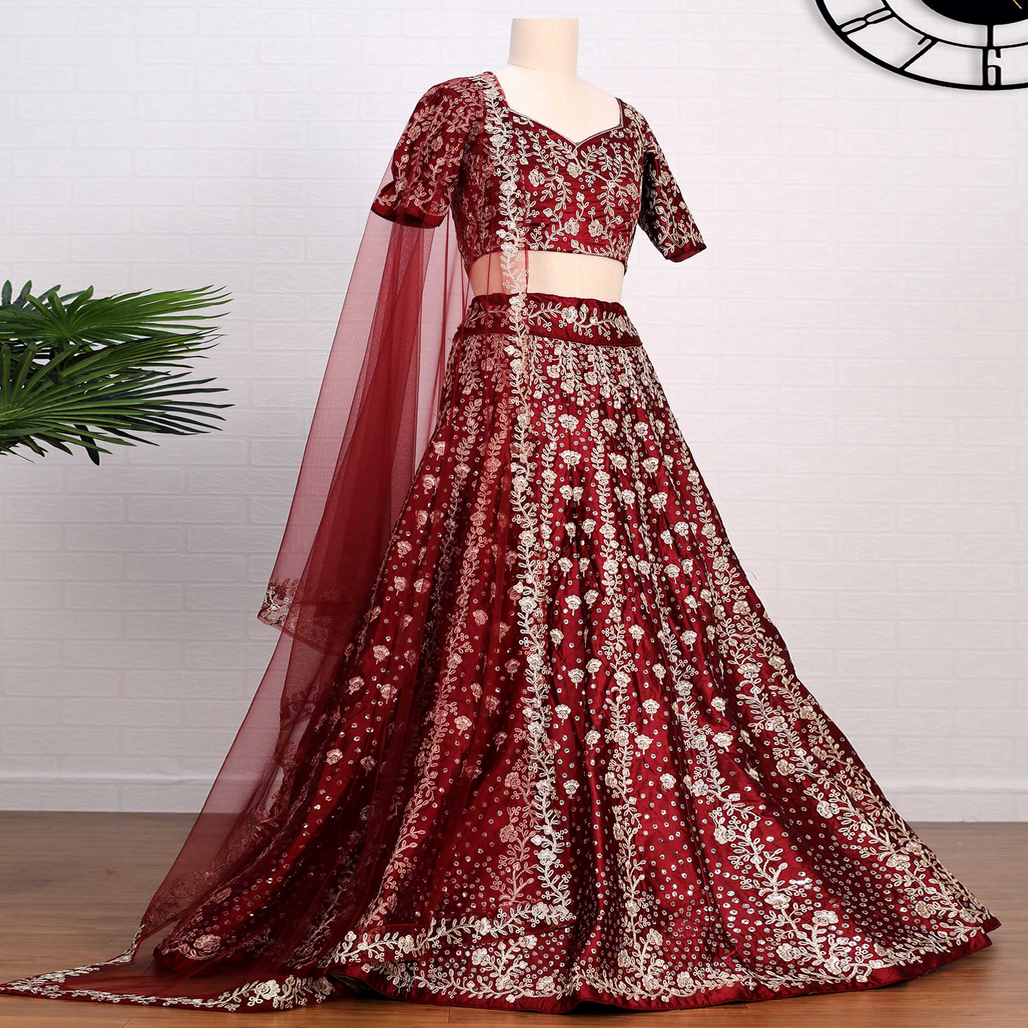 Peachmode Maroon Embroidered Satin Lehenga Choli