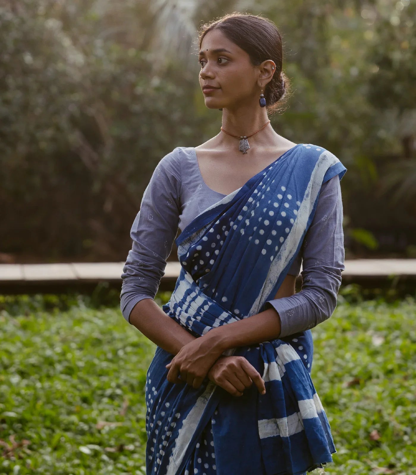 RmKV Indigo Jaipur Cotton Saree With With small printed polka dots across the saree