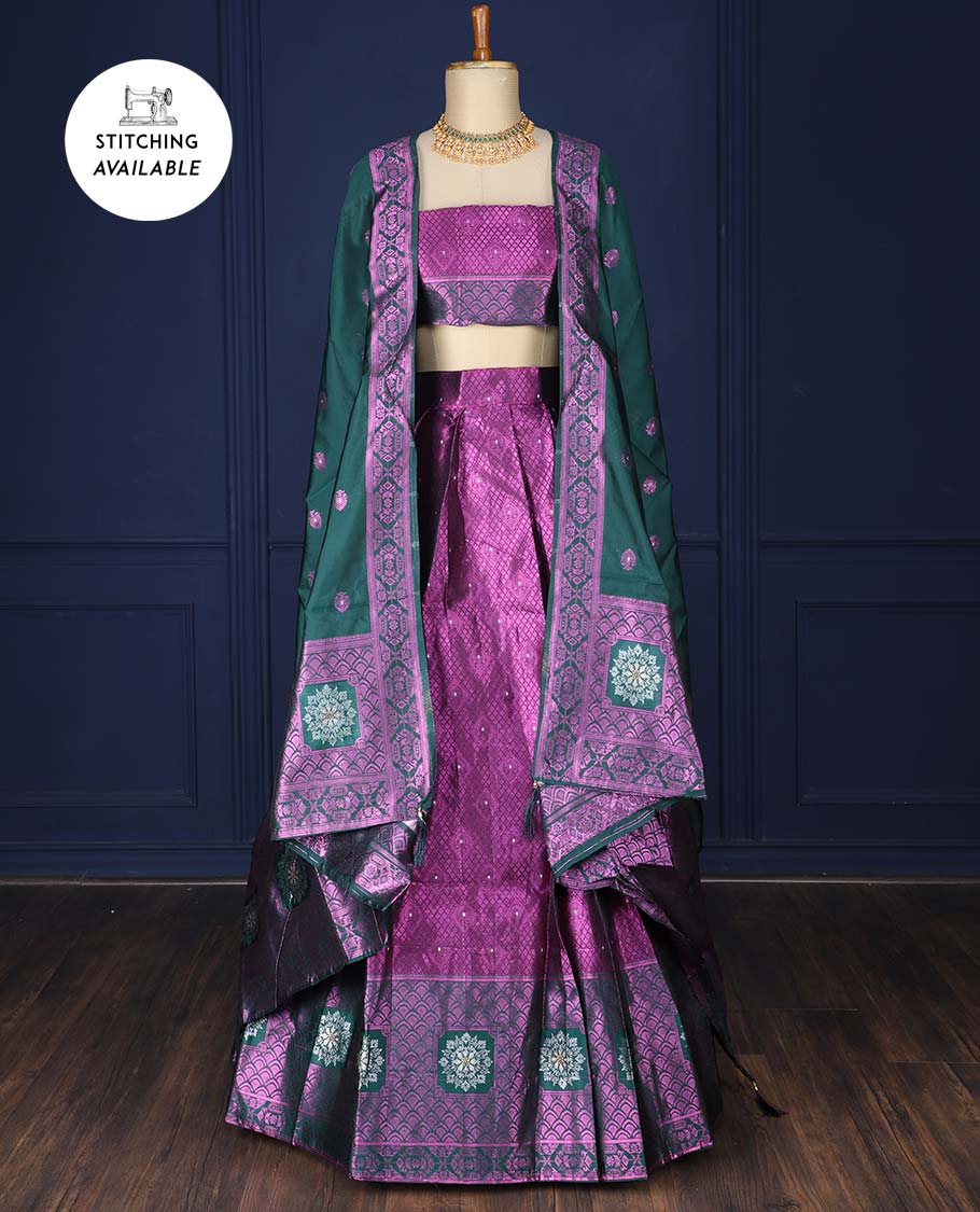 Pothys Purple jacquard art silk half saree, contrast intricate border, jacquard blouse & dhavani of zari designs - view 2