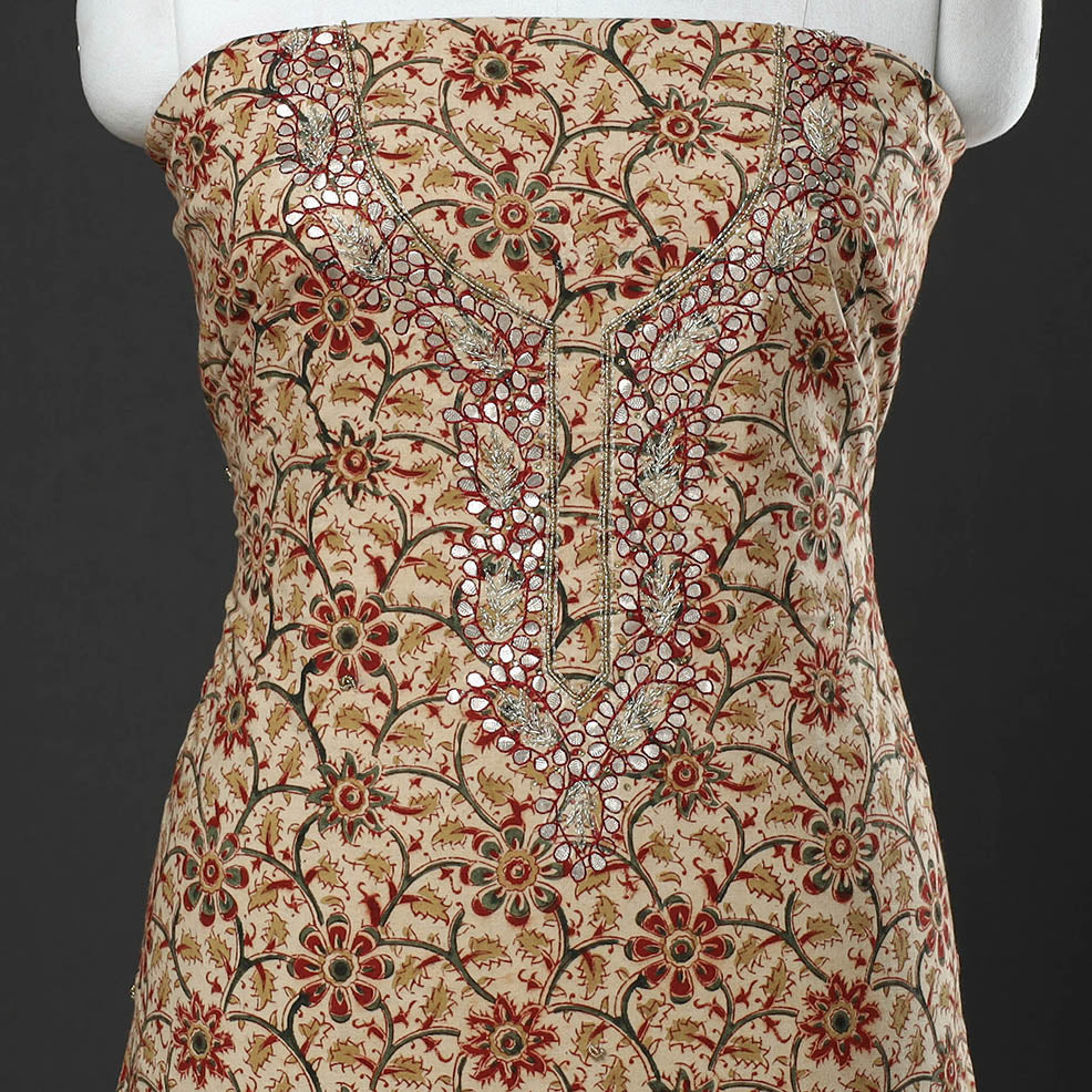 NOORI BAZAR Beige - Embroidered Cotton Kalamkari Print Kurta Material (3m) - view 3