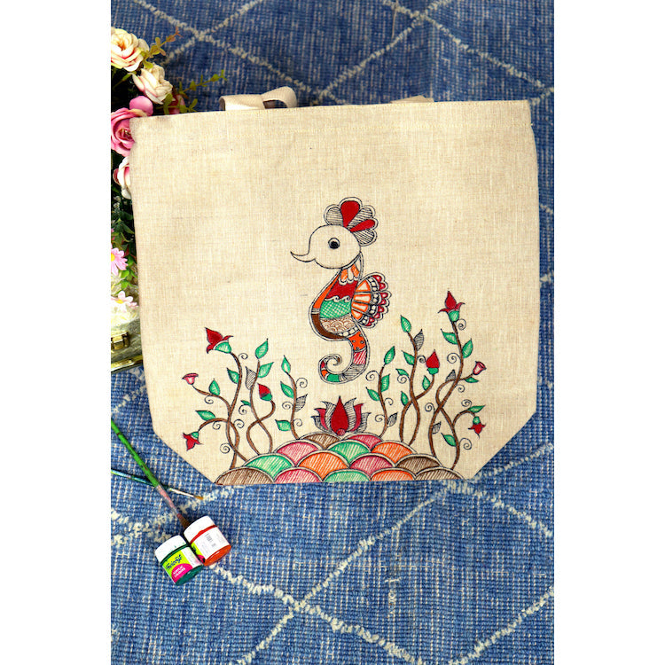 DIORAMA DESIGNS Beige - Artisan Elegance Handpainted Cotton Jute Tote Bag - view 2