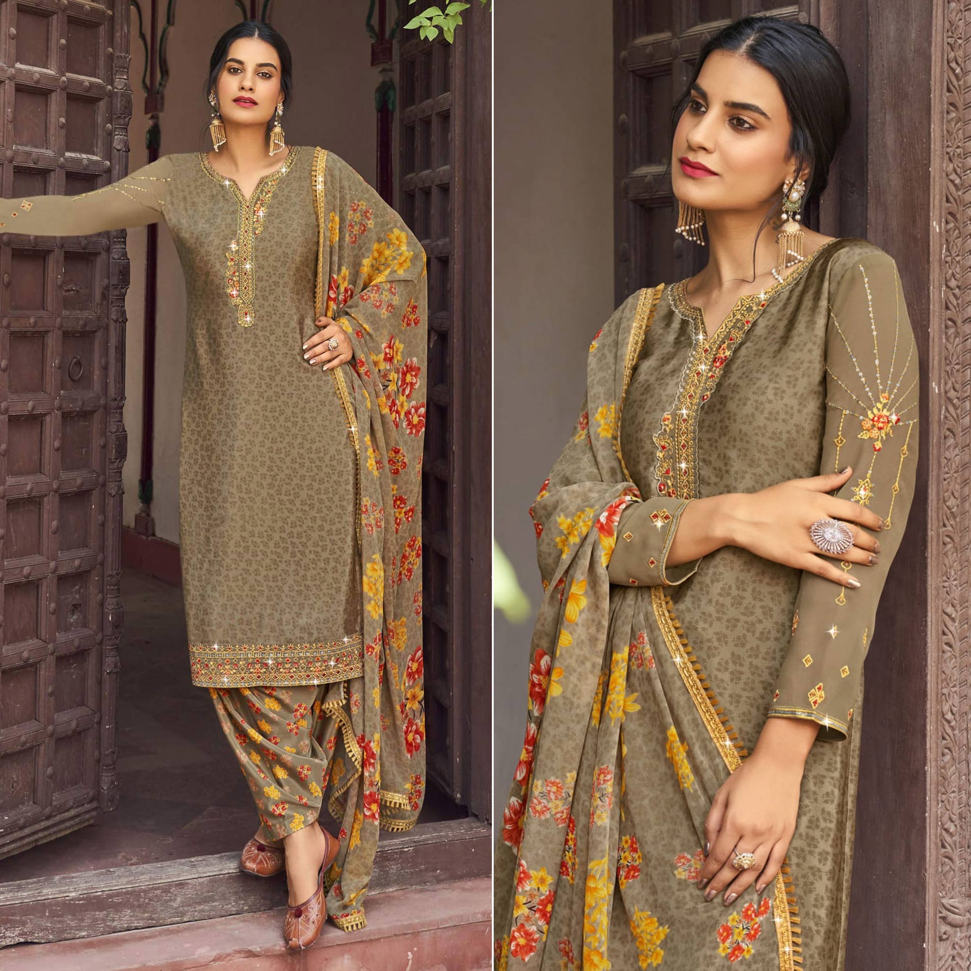 Peachmode Brown Floral Embroidered Crepe Patiala Suit