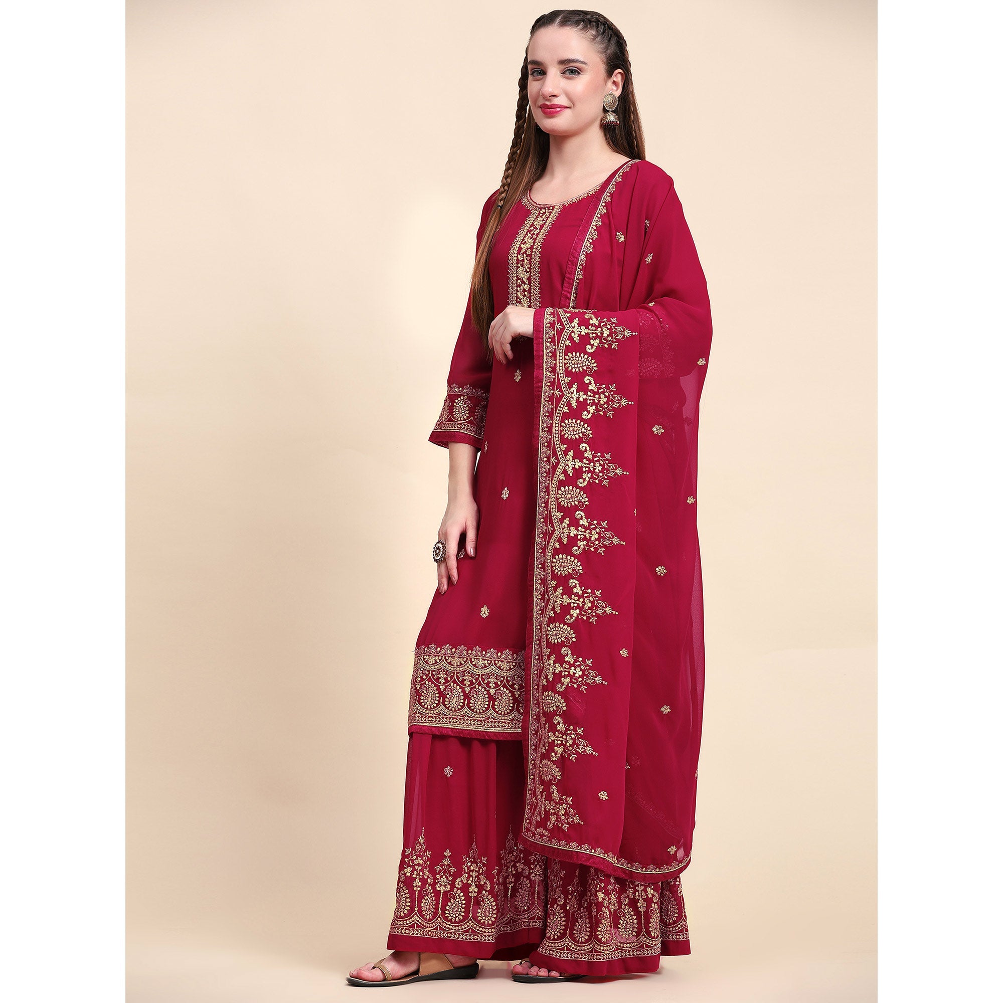 Peachmode Maroon Floral Embroidered Georgette Semi Stitched Suit - view 4