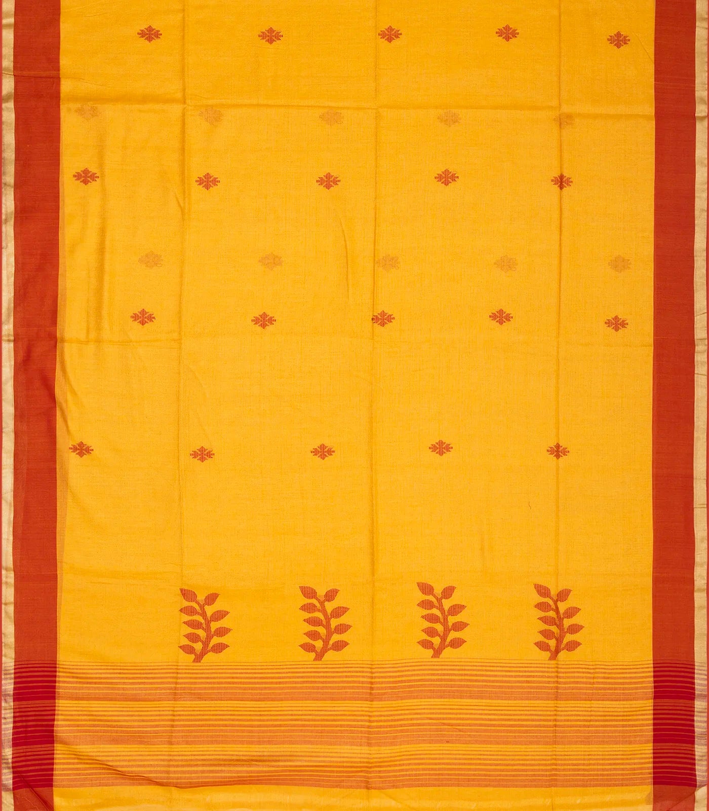 RmKV Mustard Handloom Bengal Cotton Saree With Stripes & Buttas - view 2