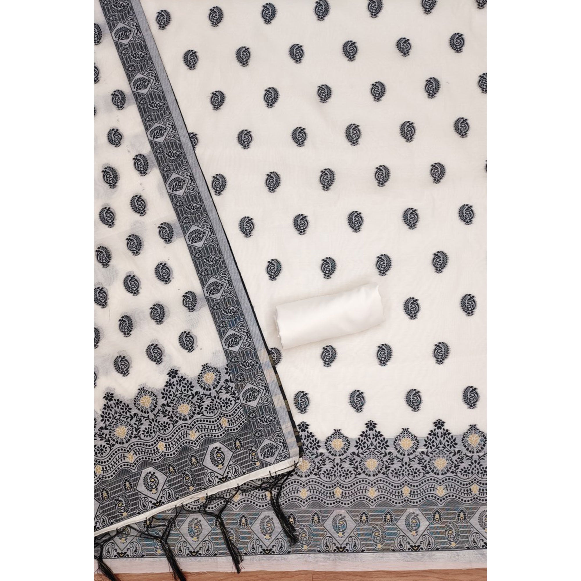 Peachmode Offwhite & Black Floral Woven Chanderi Dress Material - view 4