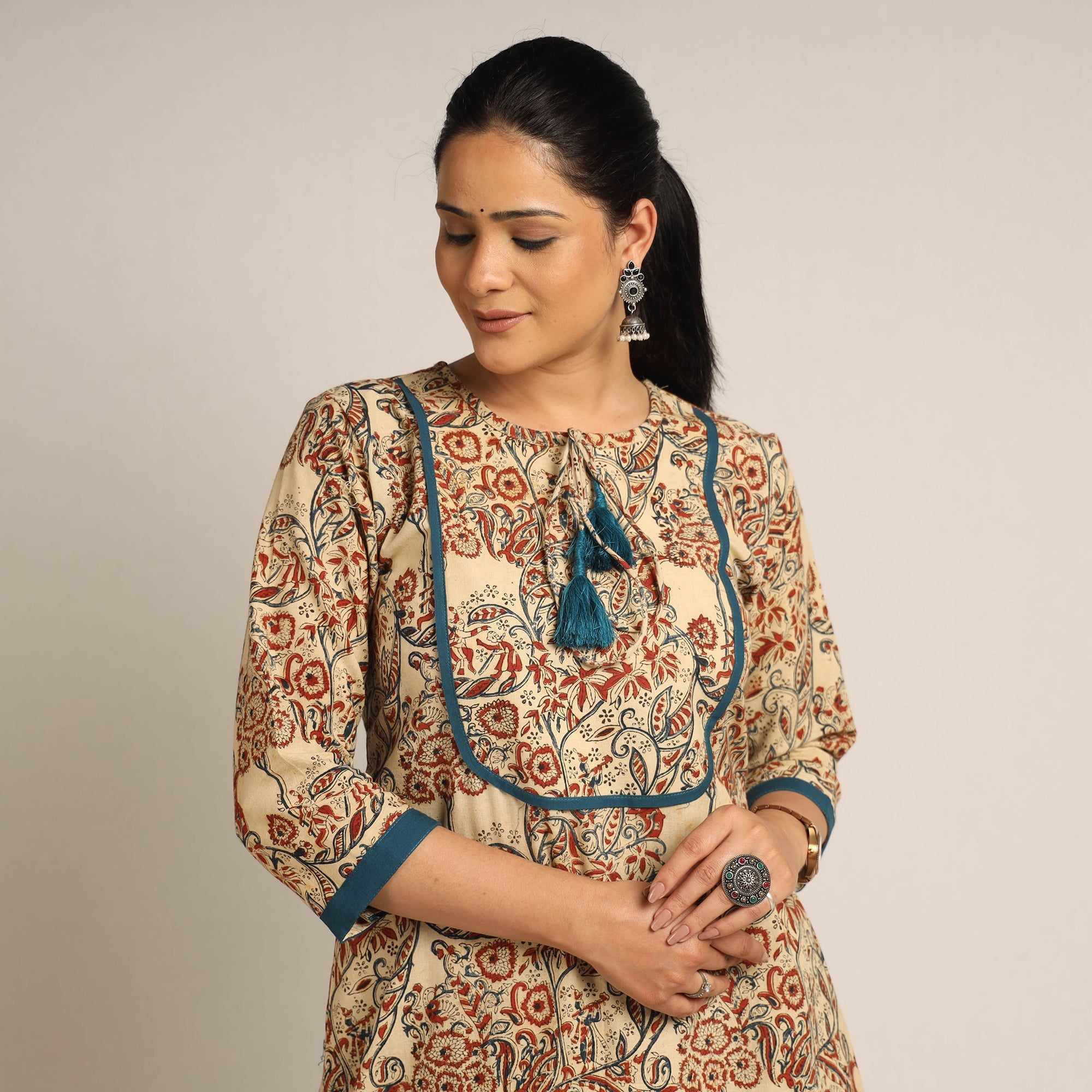 ITOKRI CASUALS Beige - Pedana Kalamkari Block Printed Cotton Kurta with Palazzo Set - view 3