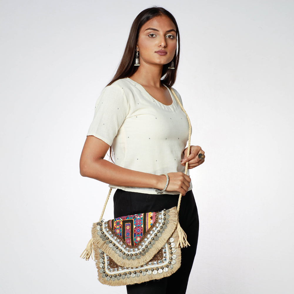 KACHCHH JI CHHAAP Beige - Banjara Vintage Embroidery Mirror, Bead & Coin Work Sling Bag
