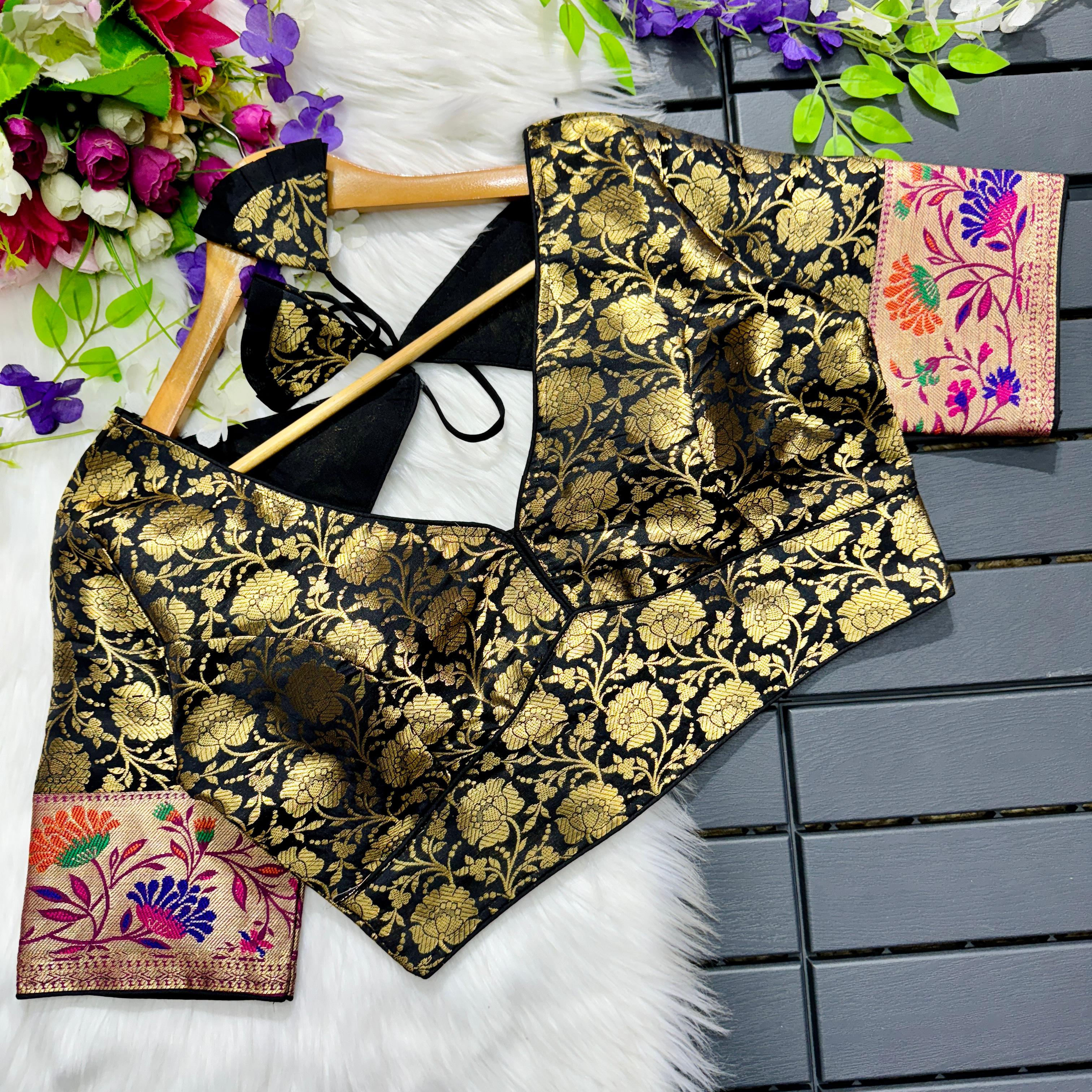 ClothsVilla Black Multi Meena Work Pure Paithani Blouse