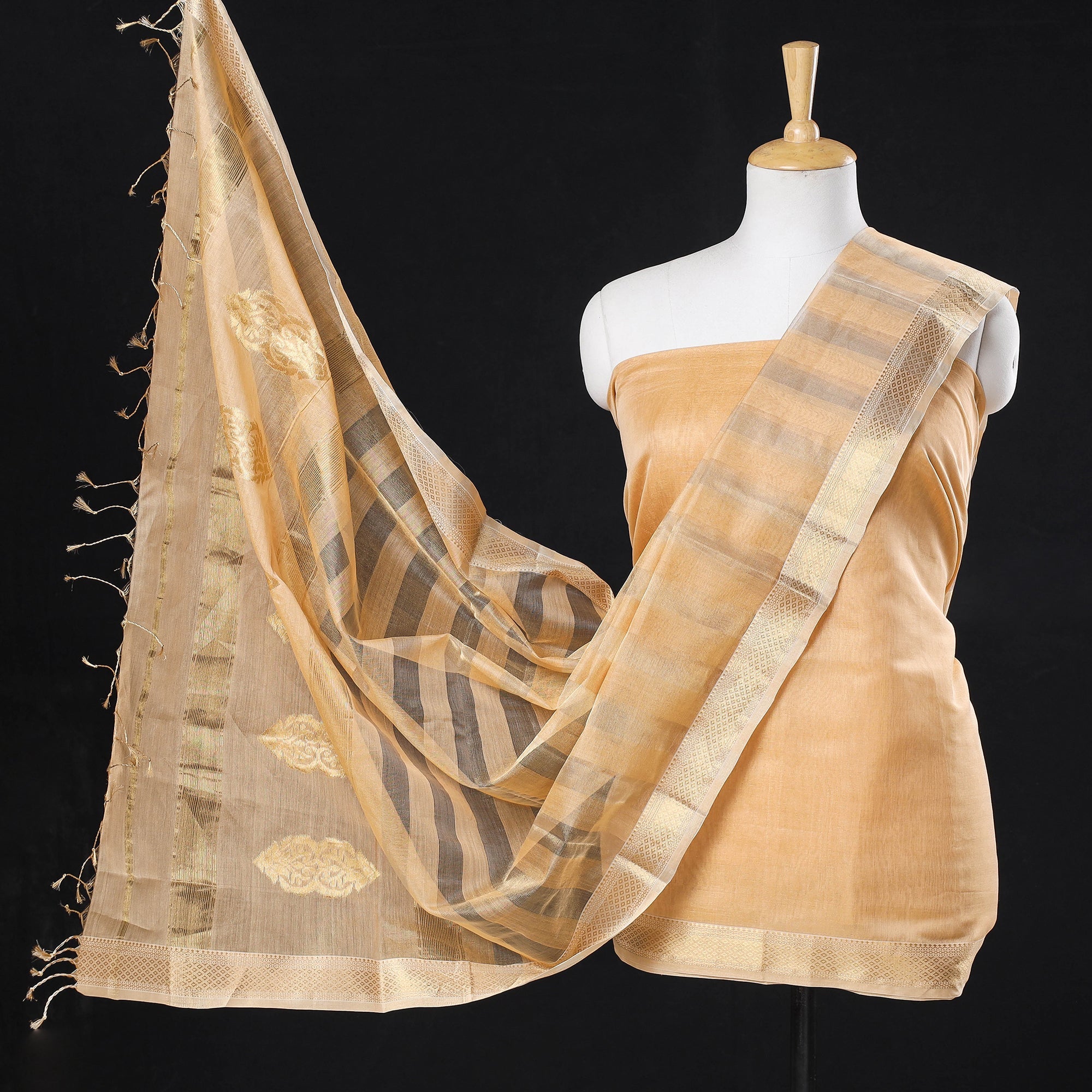 ITOKRI CRAFTS INITIATIVE Brown - 2pc Maheshwari Silk Tissue Zari Handloom Suit Material Set
