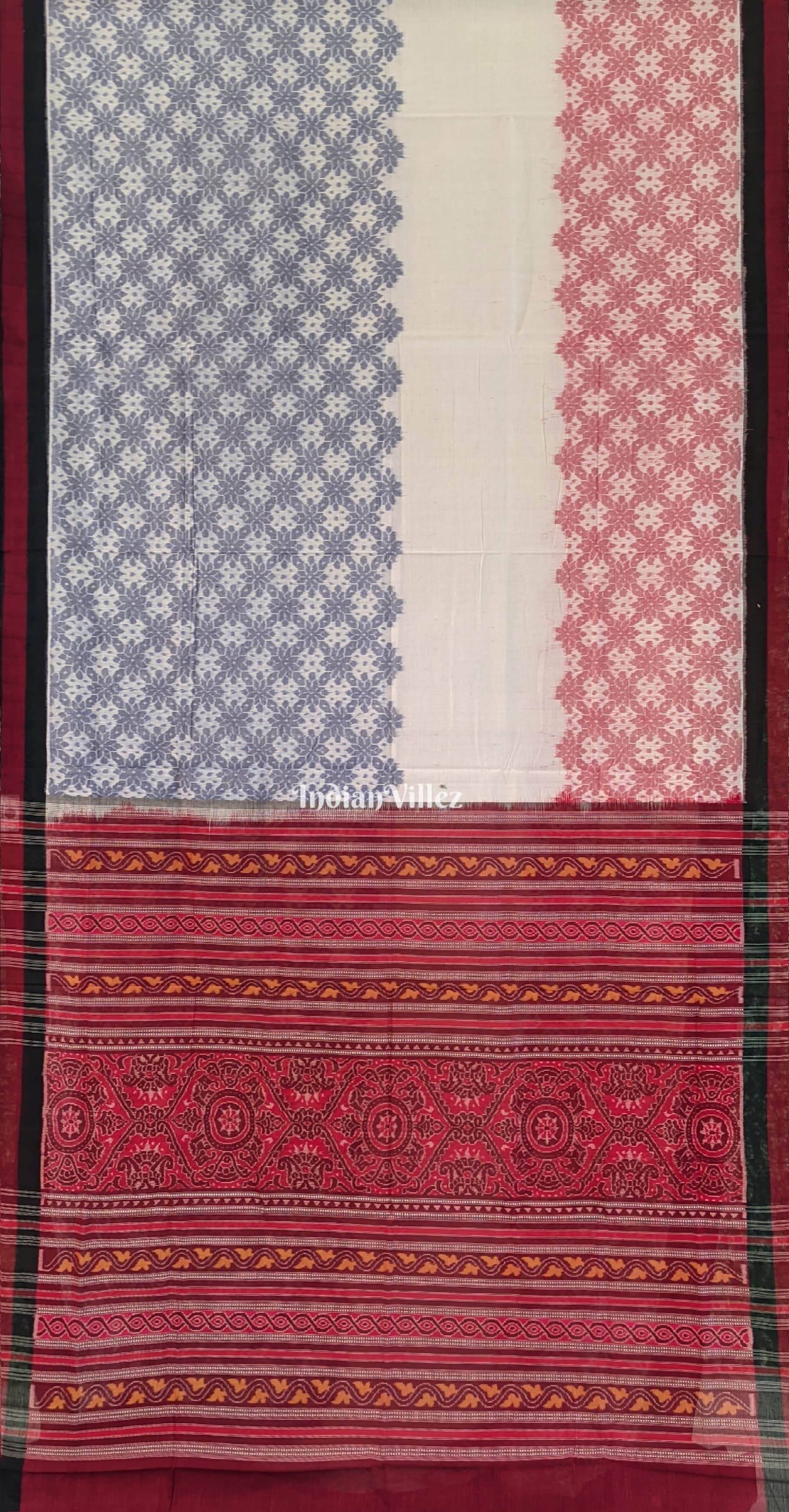 IndianVillèz White Base Odisha Ikat Pure Sambalpuri Cotton Saree