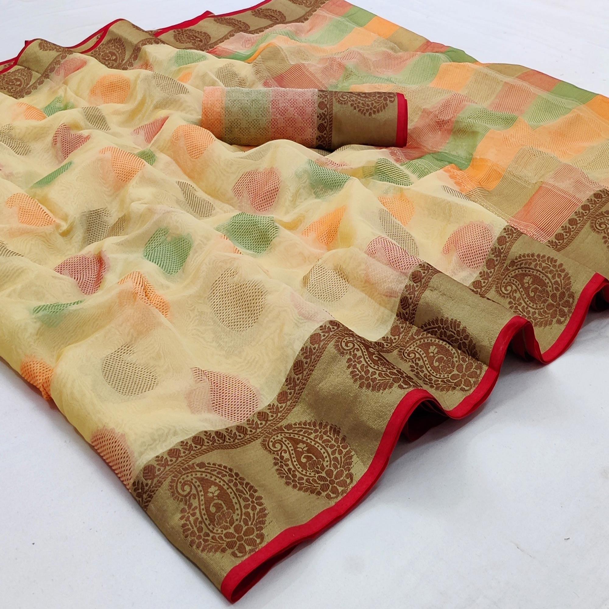 Peachmode Chikoo Festive Wear Woven Rich Pallu Organza Saree