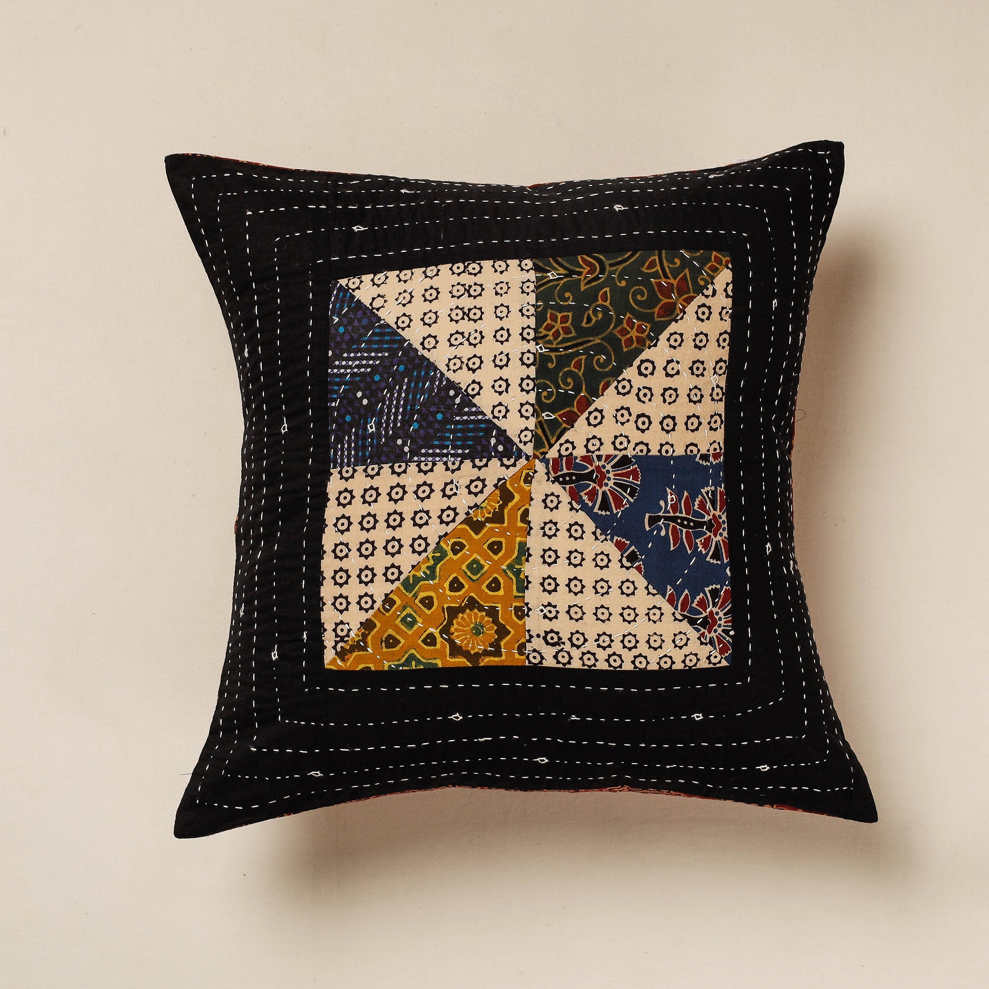 KACHCHH JI CHHAAP Black - Kutch Embroidered Ajrakh Cotton Cushion Cover (16 x 16 in)