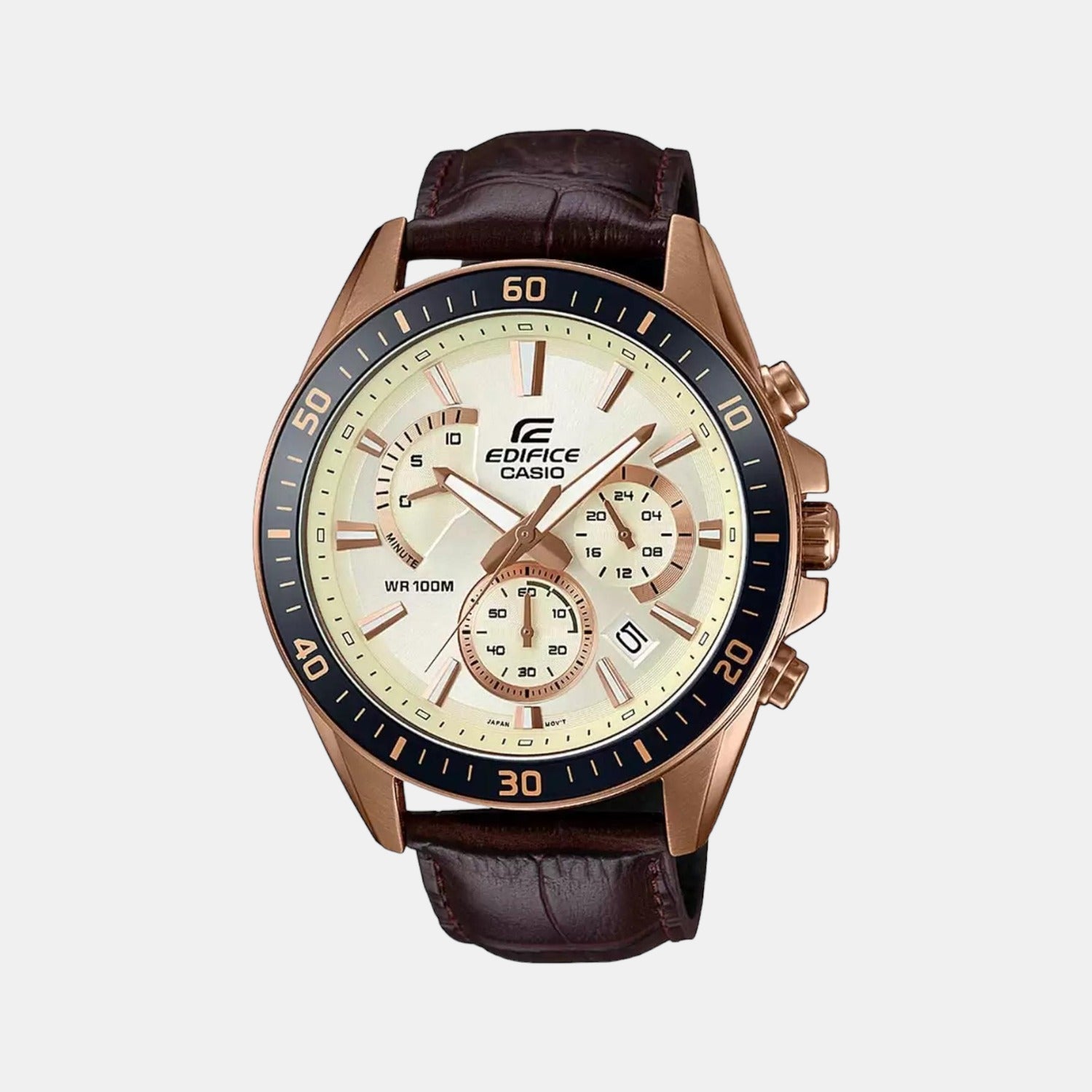 Casio Edifice Men Quartz Rose Gold Dial Chronograph Leather Watch EX359