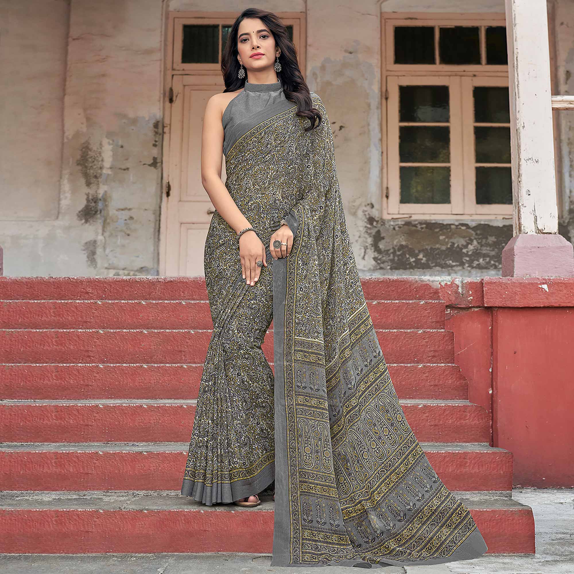 Grey sarees – BlackTree grey-paisley-printed-chiffon-saree – Women's