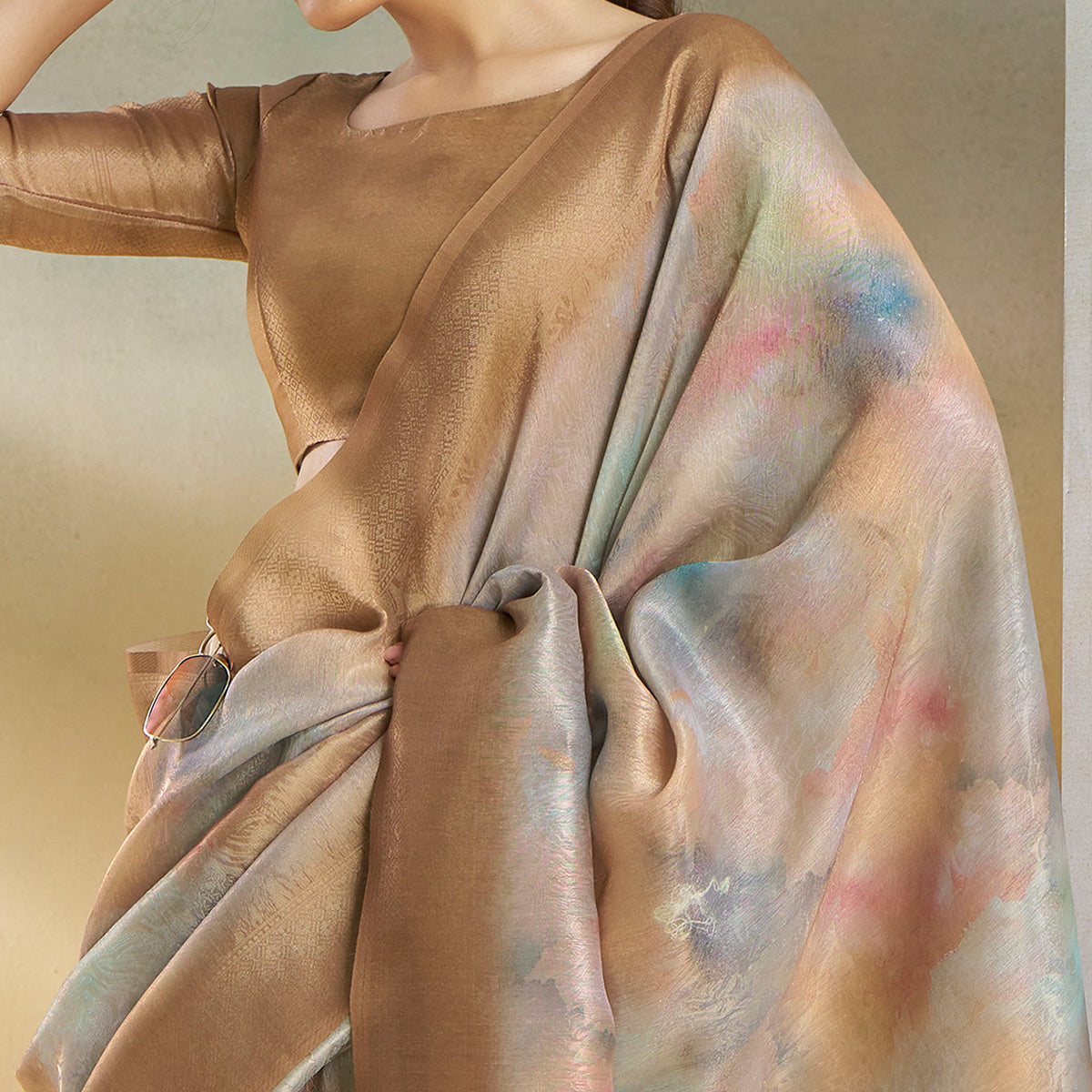 Peachmode Chikoo Woven With Digital Printed Linen Saree - view 3