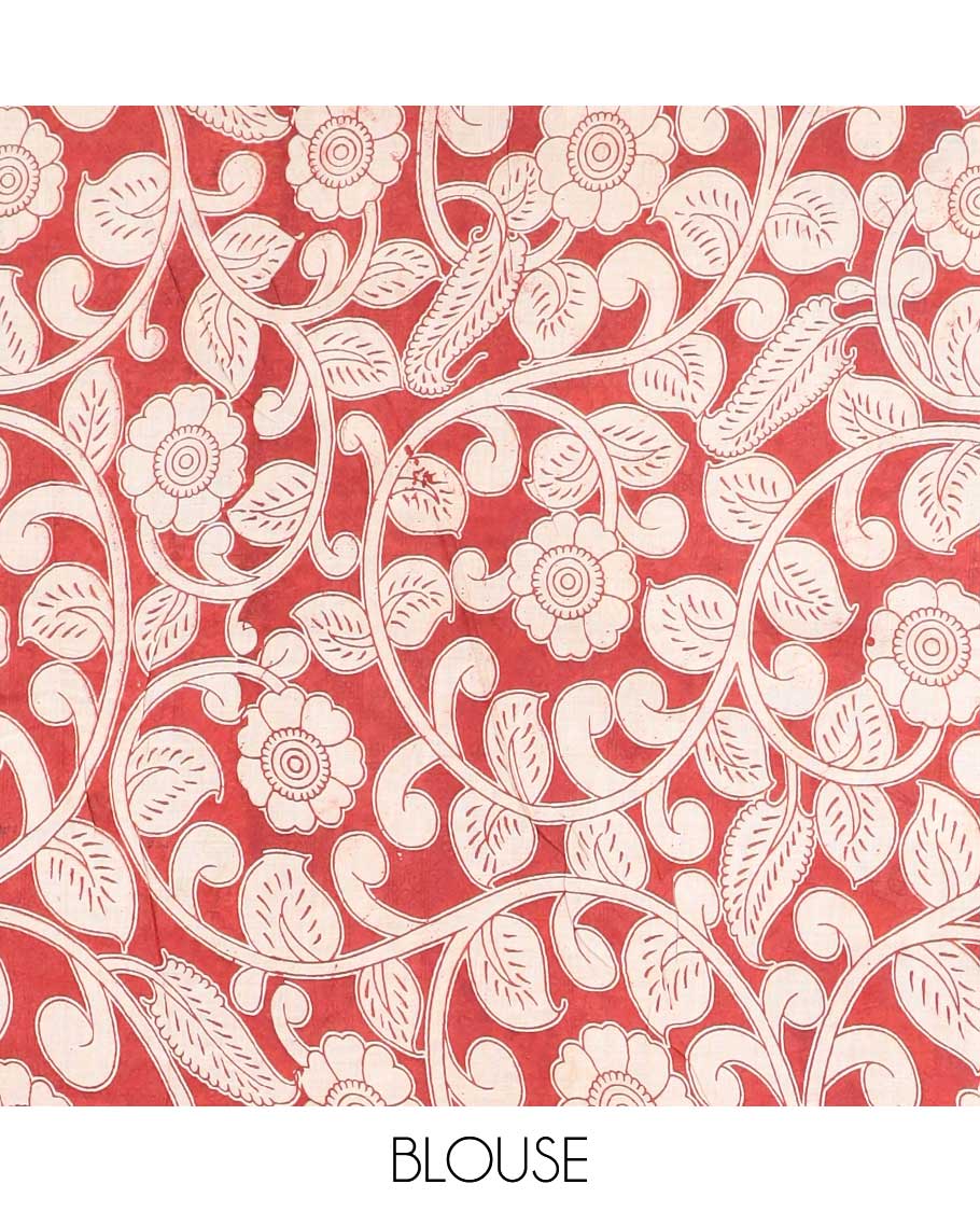Pothys Cream floral & bird machine-print kalamkari cotton saree, contrast diamond border & kaleidoscopic floral printed pallu - view 2