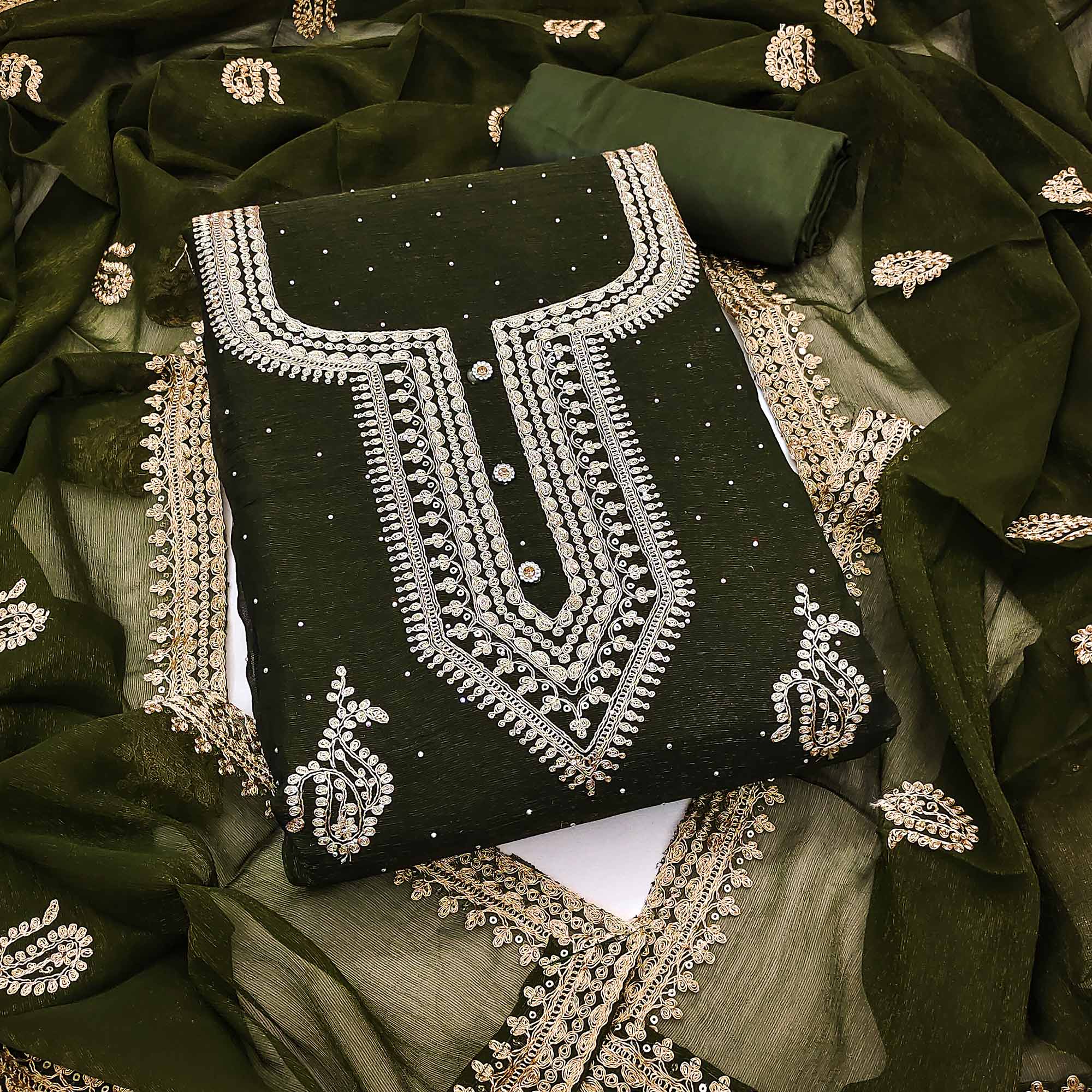 Peachmode Mehendi Green Floral Embroidery With Swarovski Work Georgette Dress Material