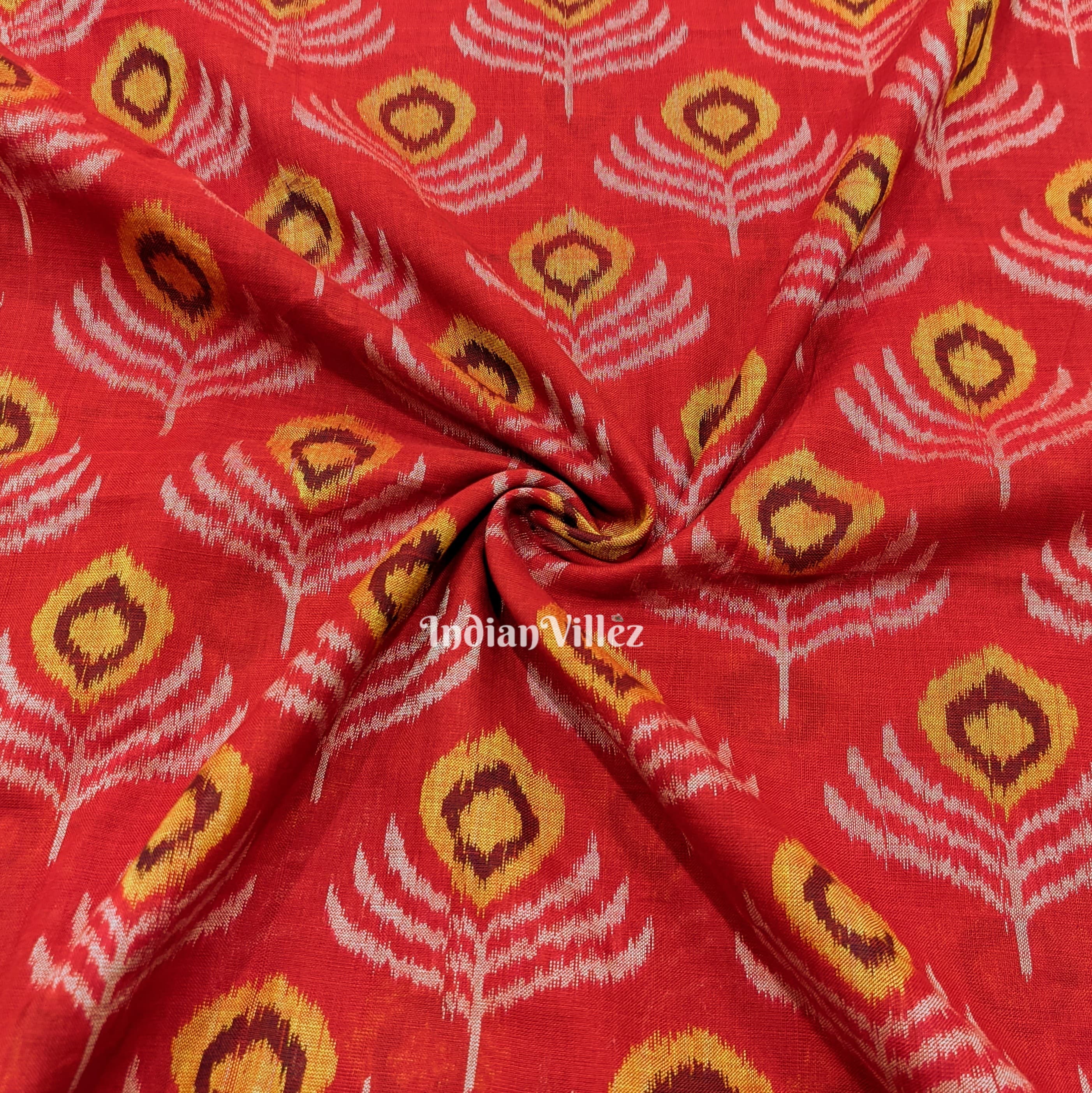 IndianVillèz Red Mayur Chandrika Sambalpuri Ikat Cotton Fabric