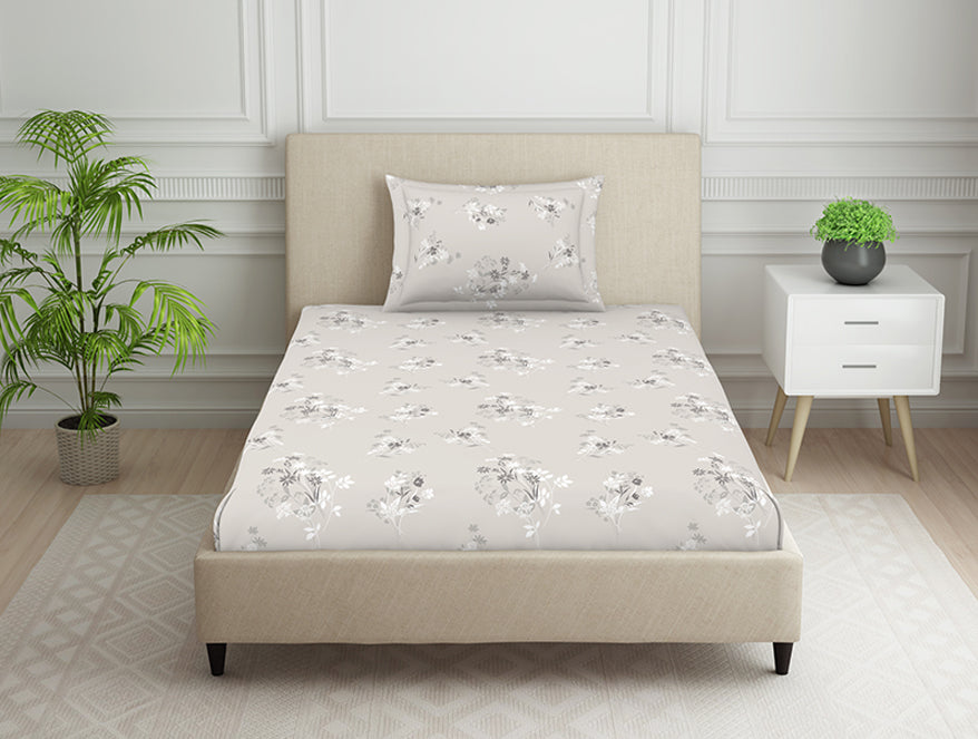 Spaces India Floral Grey Polycotton Bedsheets Single Harmony - By Welspun