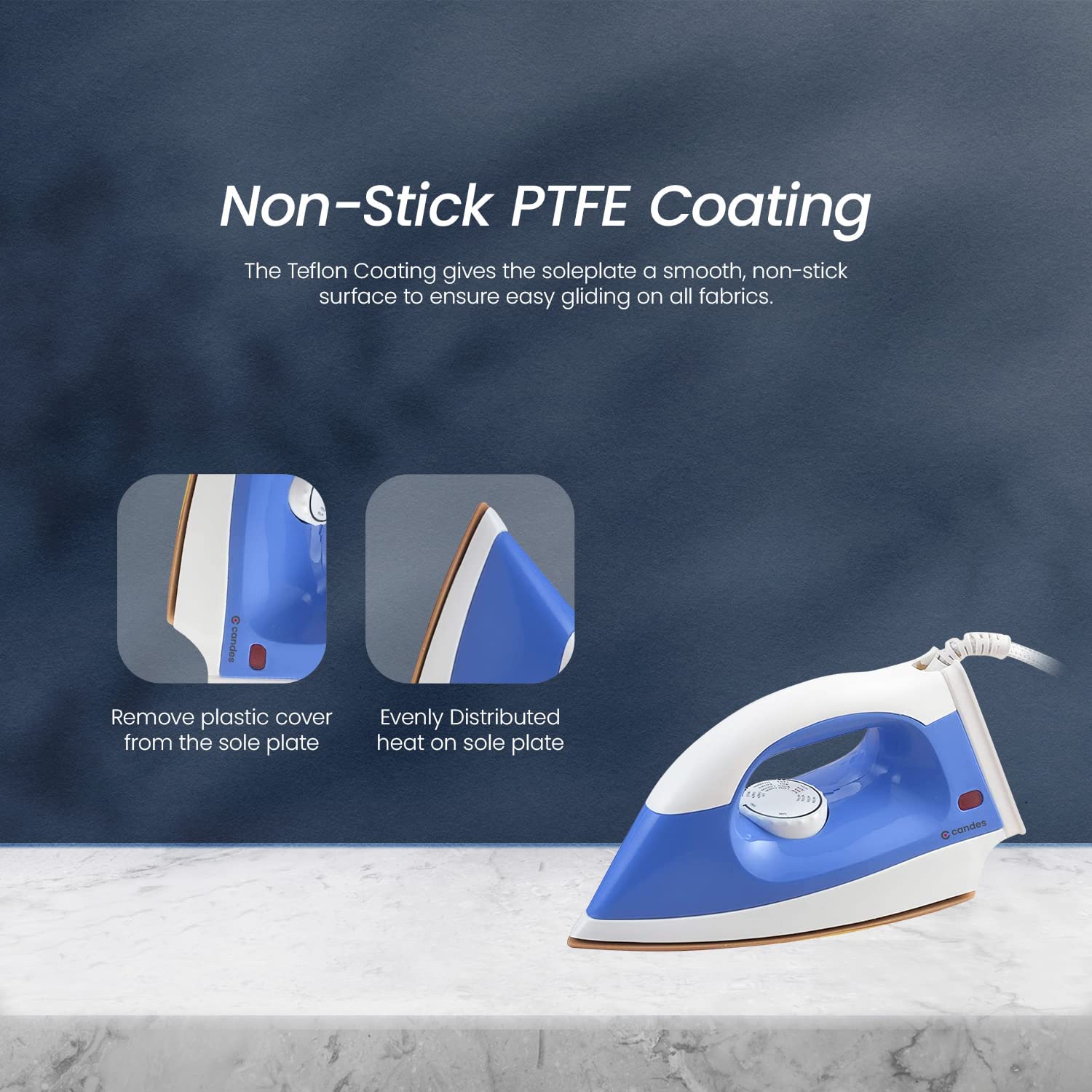 Candes EI108 Light Weight Electric Dry Iron 100% Non Stick Teflon Coating (1 Year Warranty) Blue & White - view 3