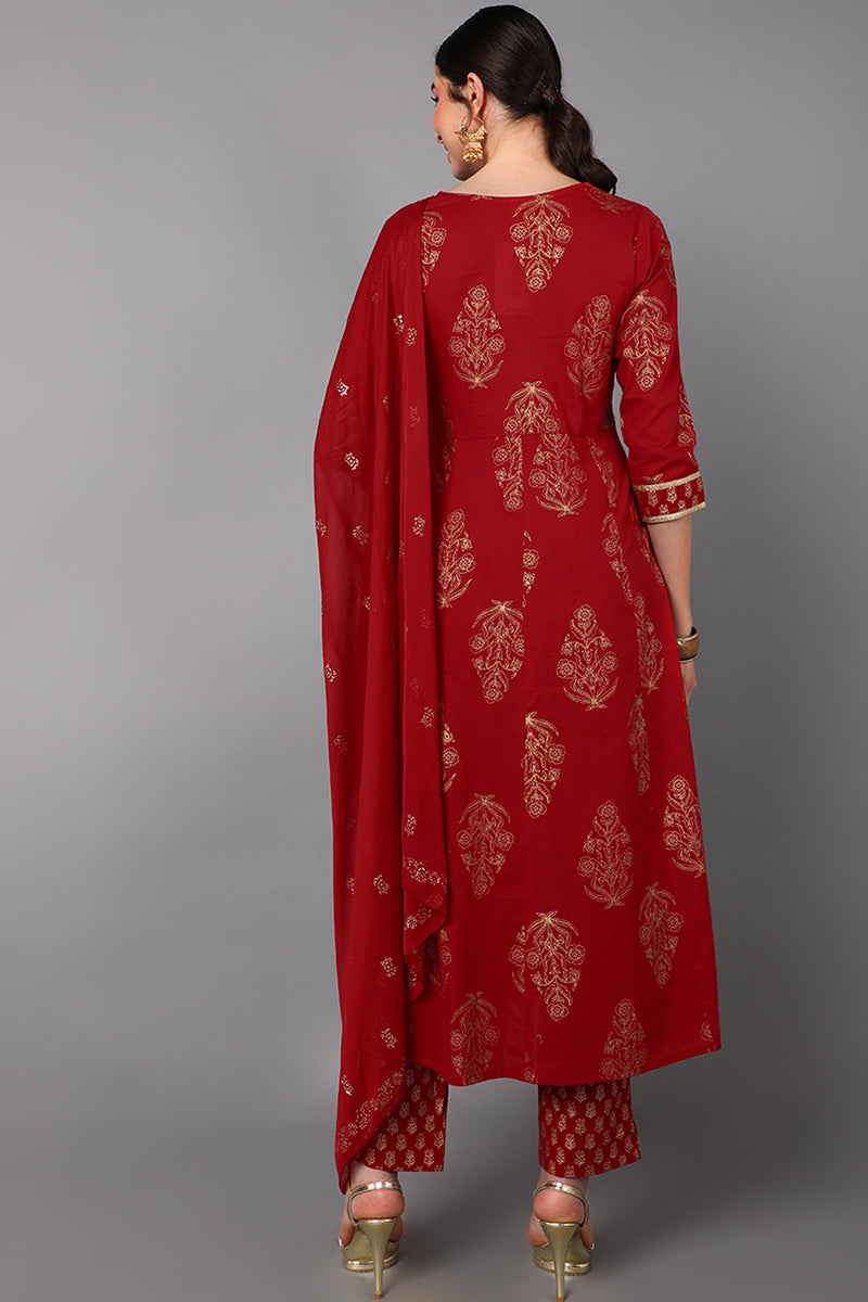 Ahika Red Cotton Straight Kurta Pant With Dupatta Set VKSKD1416 - view 6