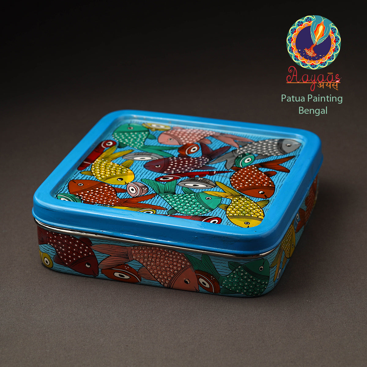 AAYAAS Blue - Bengal Patua Handpainted Stainless Steel Square Masala Box (9 x 9 in)