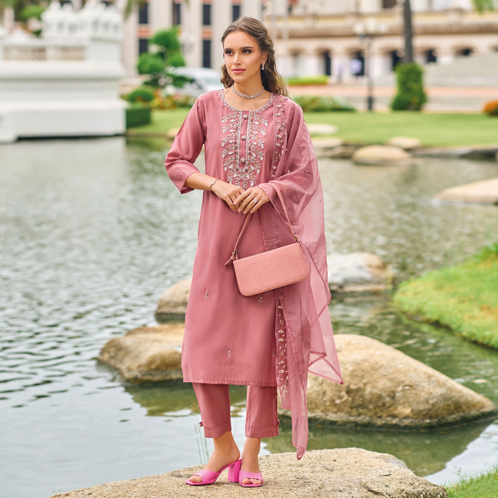 Peachmode Seller Mauve Floral Embroidered Cotton Silk Suit