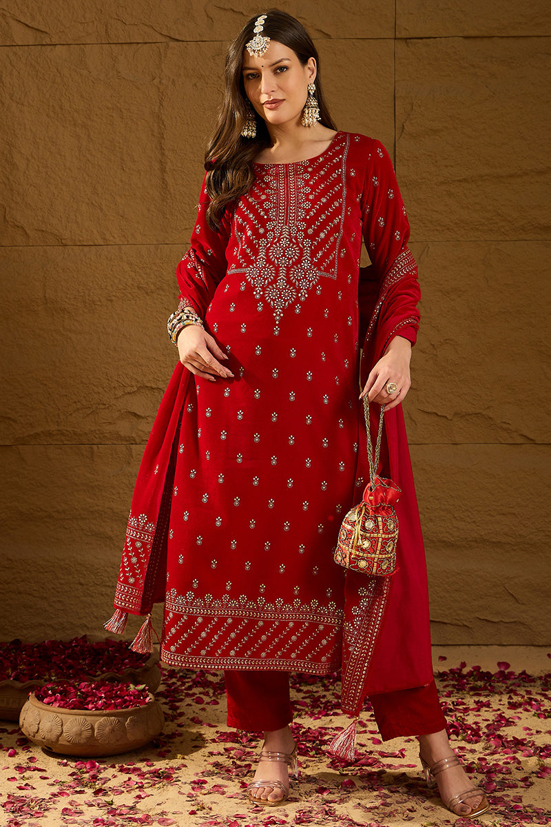 Ahika Red Velvet Ethnic Motifs Printed Straight Trousers Suit Set PKSKD2882 - view 7