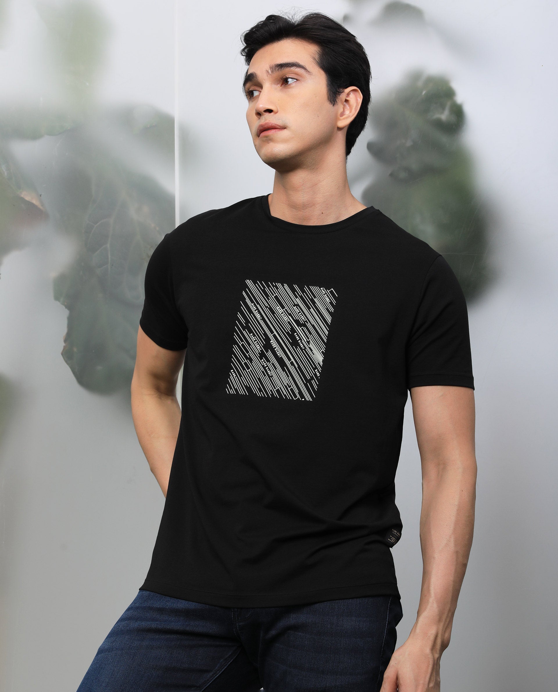 Rare Rabbit Men's Otter Black Cotton Lycra Fabric Half Sleeves Graphic Print T-Shirt - view 8