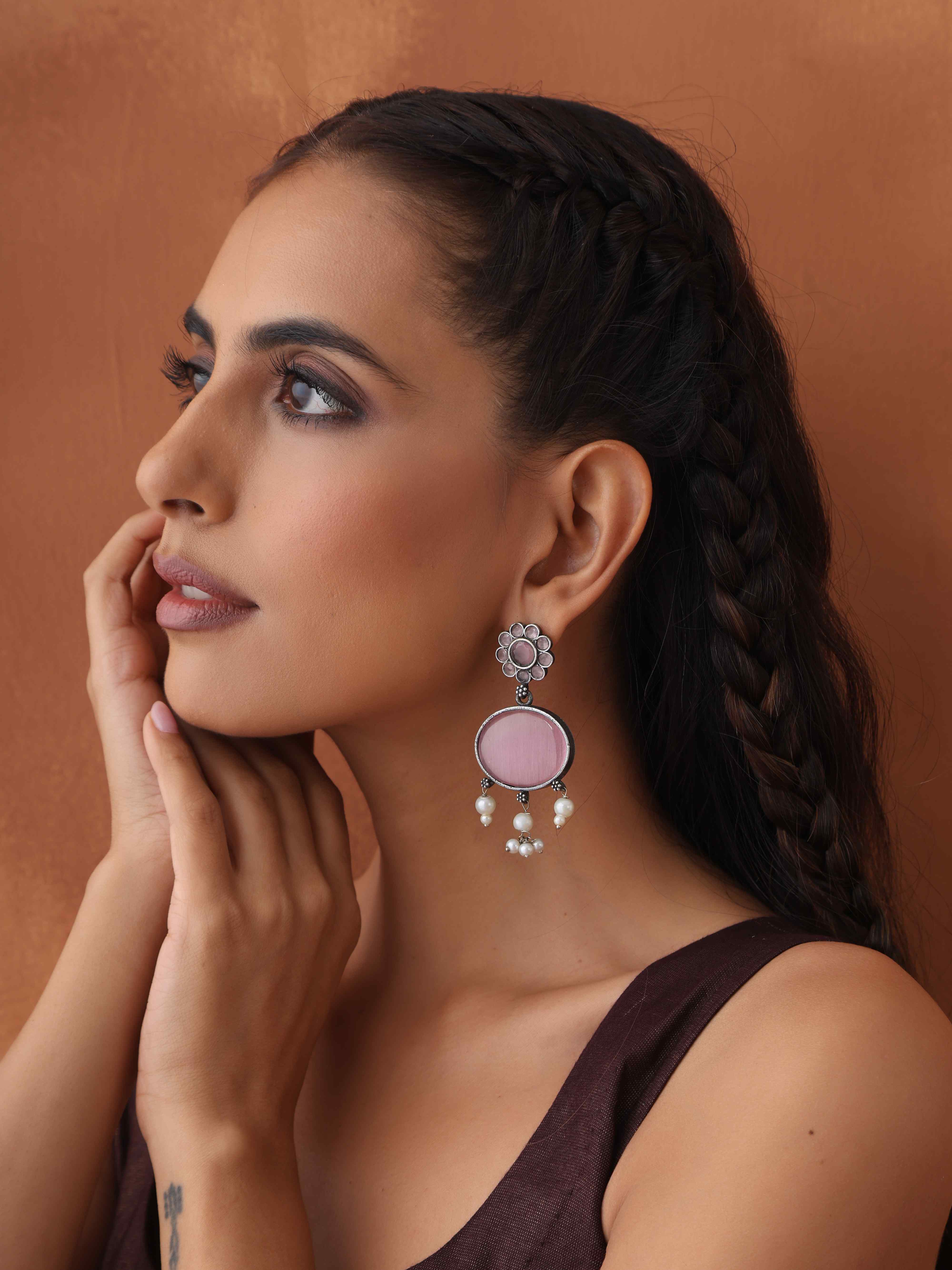 trueBrowns Silver Tone Pink Stone Dangle Earrings - view 2