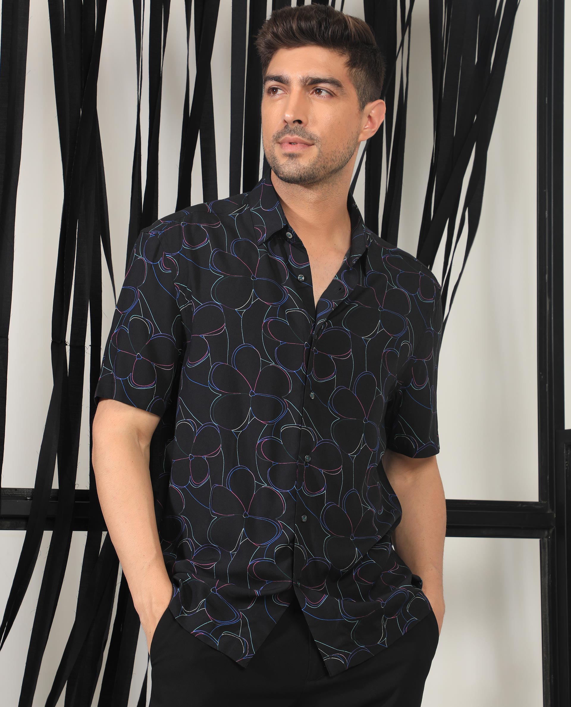 Rare Rabbit Men's Kris Black Collared Neck Slim Fit