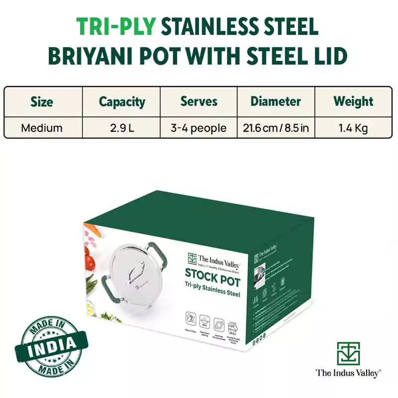 The Indus Valley TurboCuk Tri-ply Stainless Steel Biryani Cooking Pot/Casserole, Premium Quality, 3 Layer Thick Body, Cool Silicone Handles, 100% Toxi - view 2