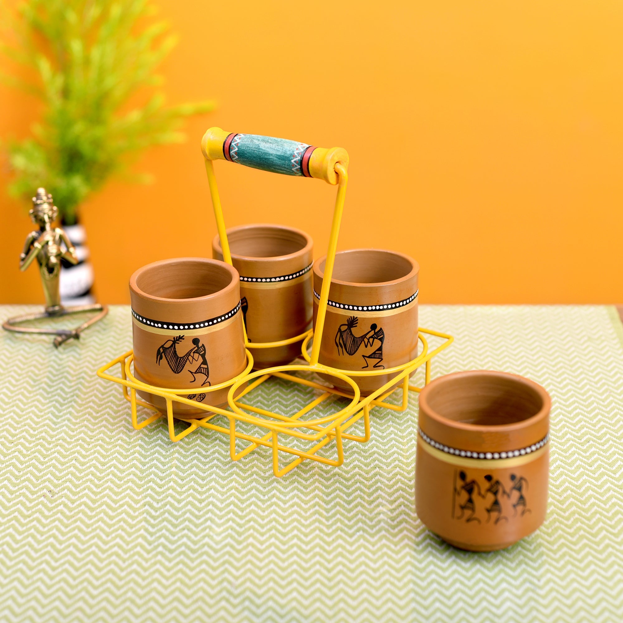 ART CREATIONS BY SUMAN SONTHALIA Brown - Ram Piyari Kullad Set (SO4) in Yellow Handpainted Metal Stand (6.7x6.7x7.5)