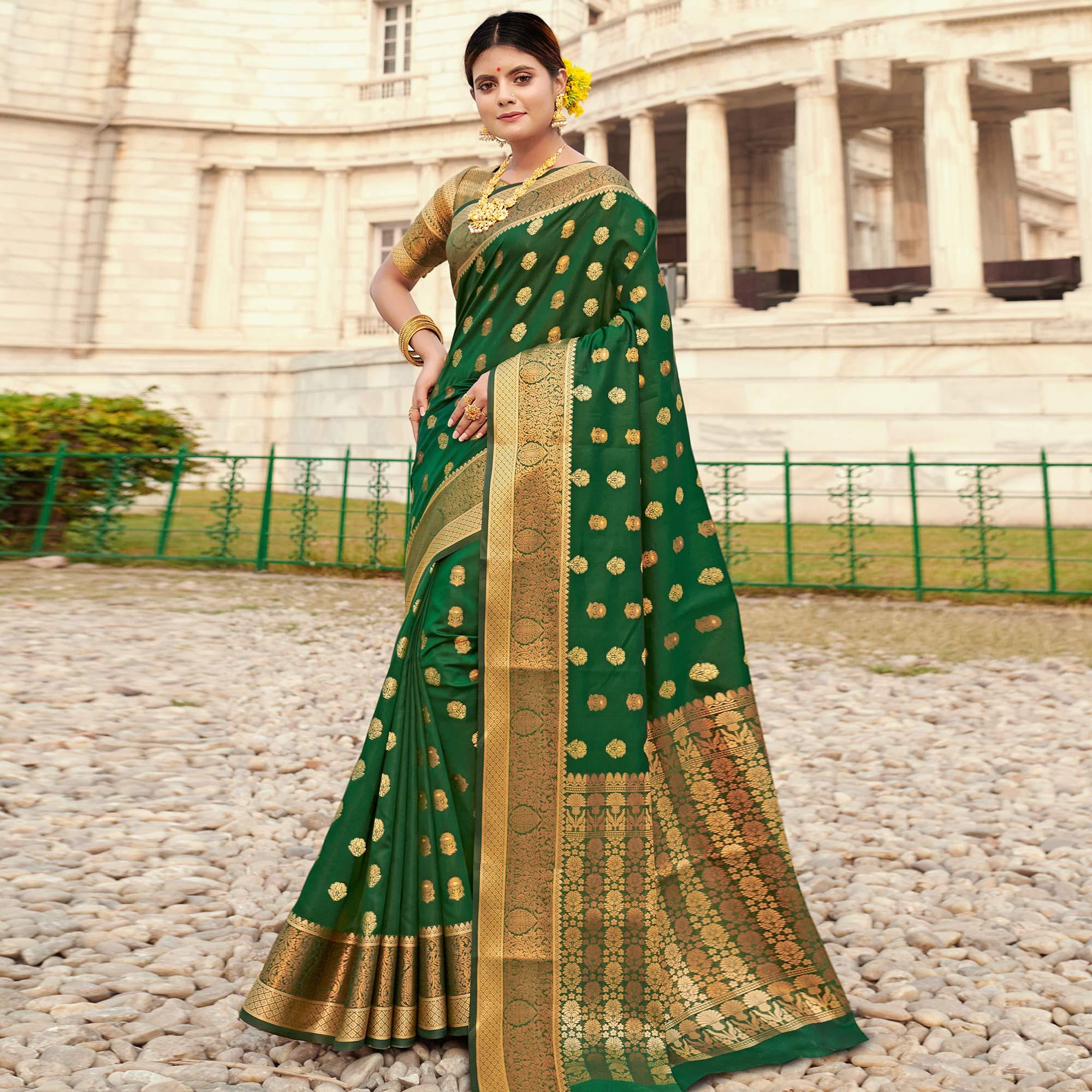 Peachmode Eye-catching Green Colored Festive Wear Woven Silk Saree