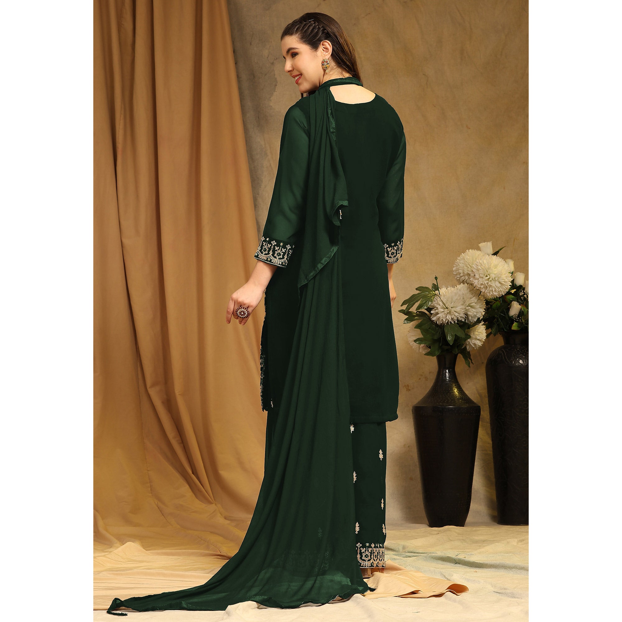 Peachmode Bottle Green Floral Embroidered Georgette Semi Stitched Suit - view 5
