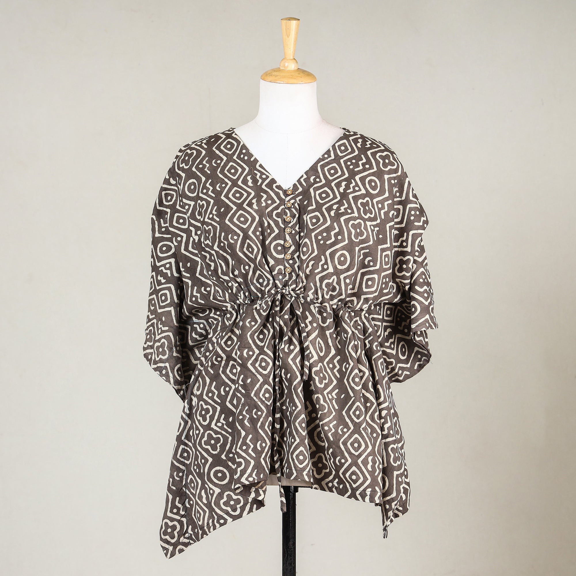 ITOKRI CASUALS Brown - Akola Block Printed Cotton Kaftan with Tie-Up Waist (Short)