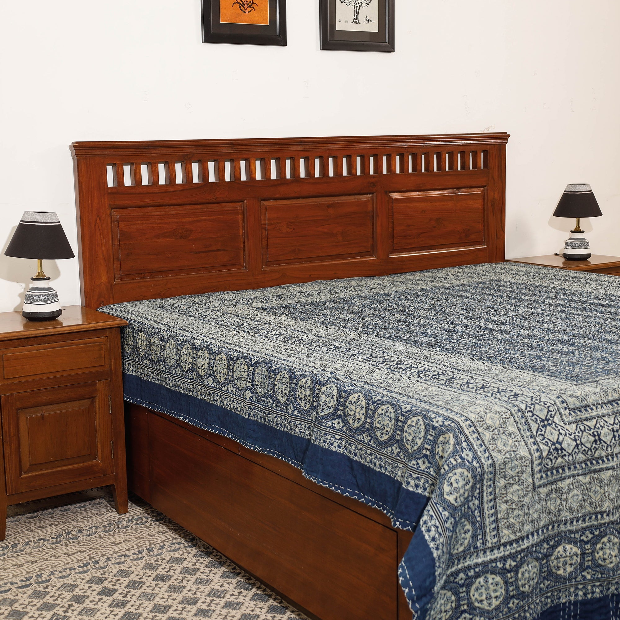SHADES OF MARUDHARA Blue - Ajrakh Block Printed Kantha Work Cotton Double Bed Cover (105 x 90 in)