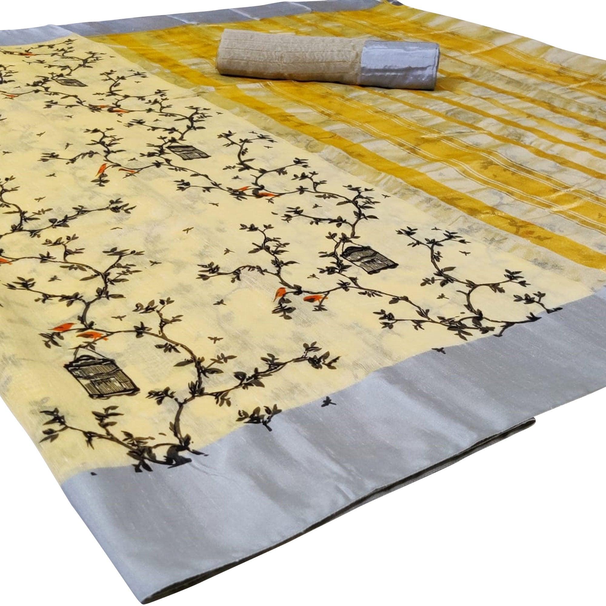 Peachmode Elegant Light Yellow Colored Casual Printed-Woven Linen Saree With Tassels