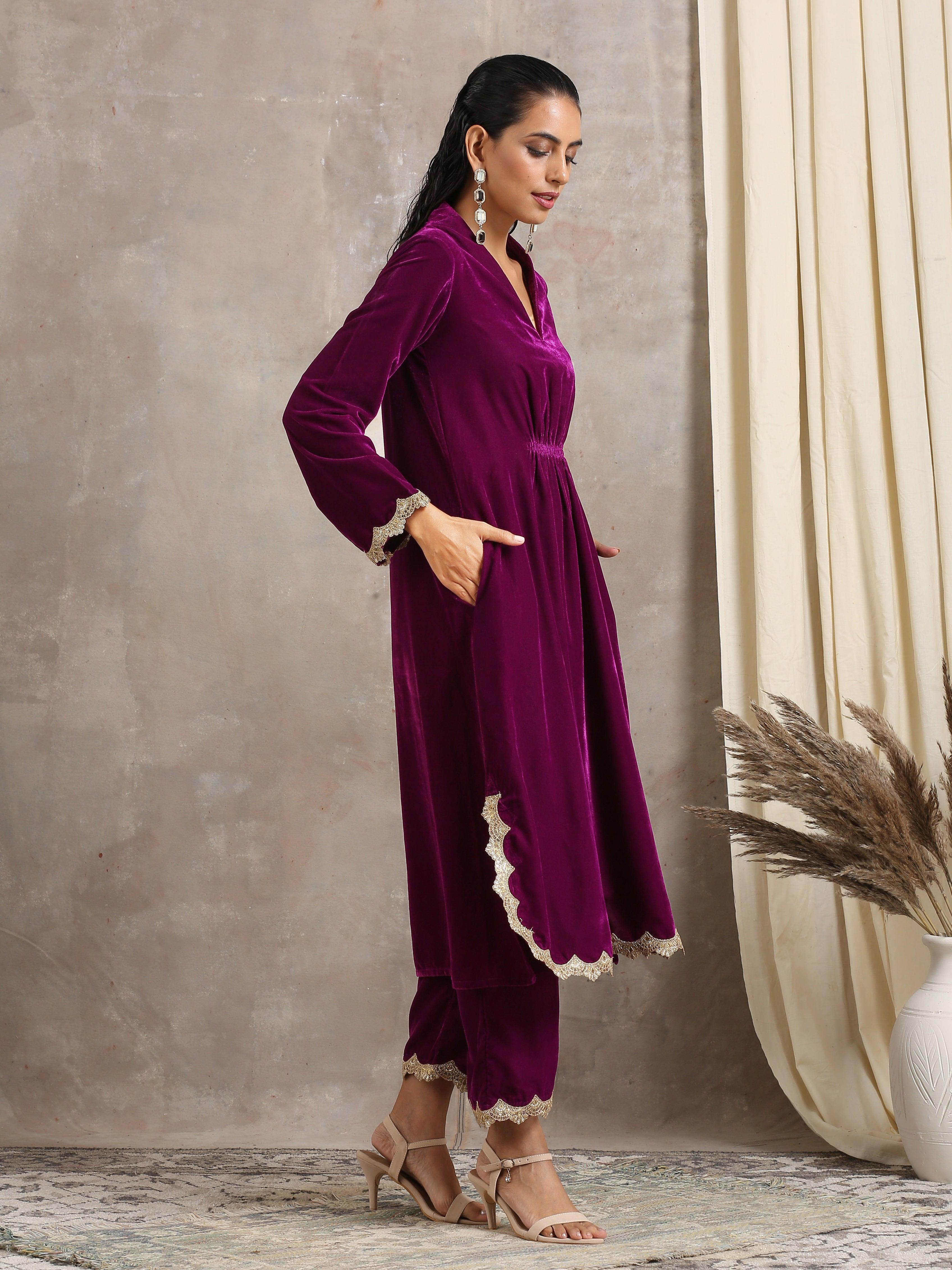 Wine Velvet Lace Kurta Pant Set | Relove - view 5