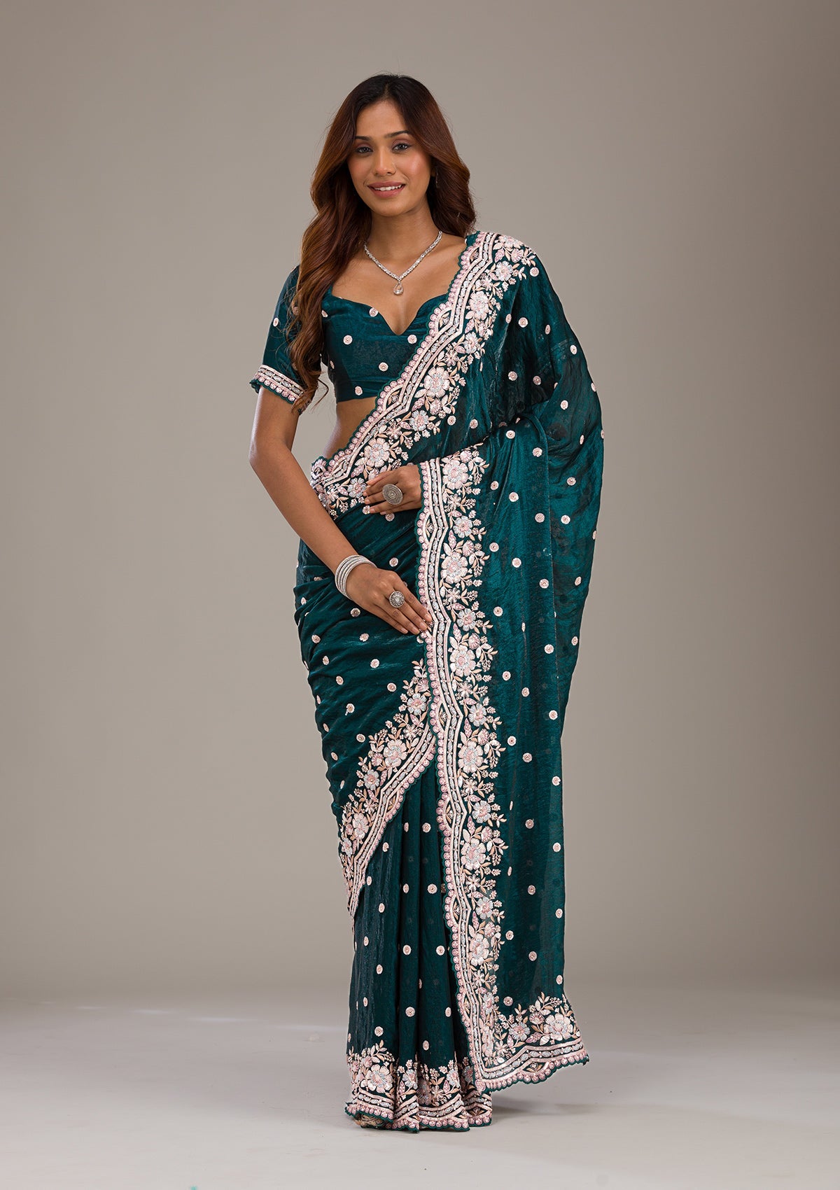 Koskii Bottle Green Sequins Semi Crepe Saree – Women's