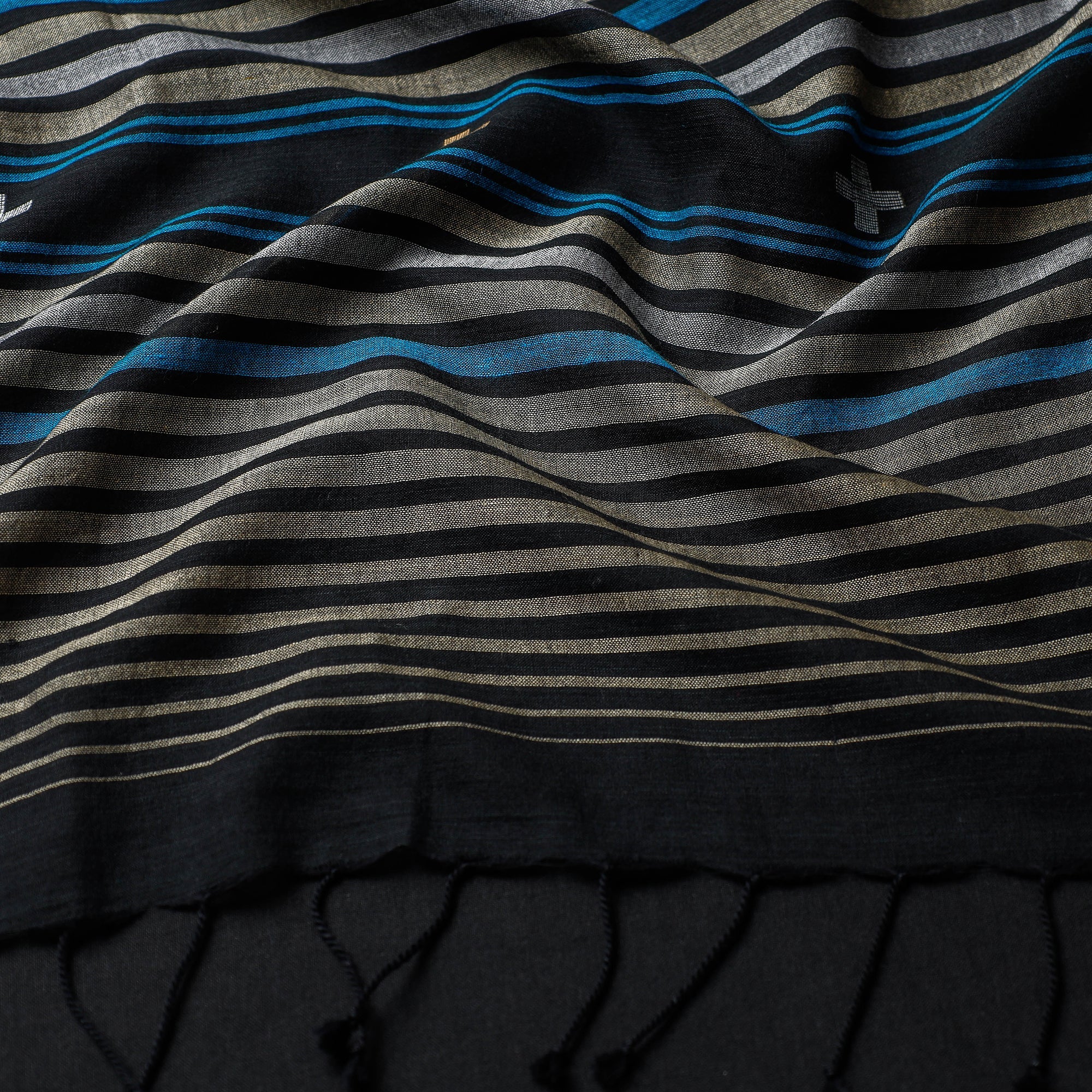 SASHA Black - Phulia Bengal Handloom Cotton Stole with Tassels - view 2