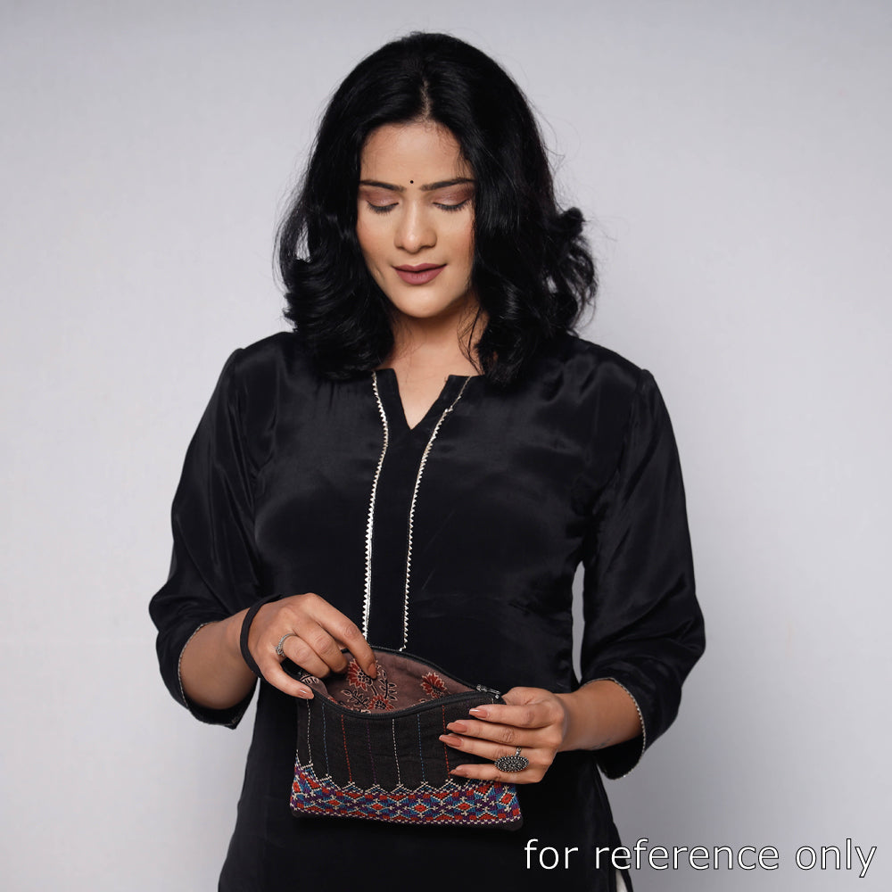 Brown - Kala Raksha Jat Hand Embroidered Cotton Coin Pouch - view 3