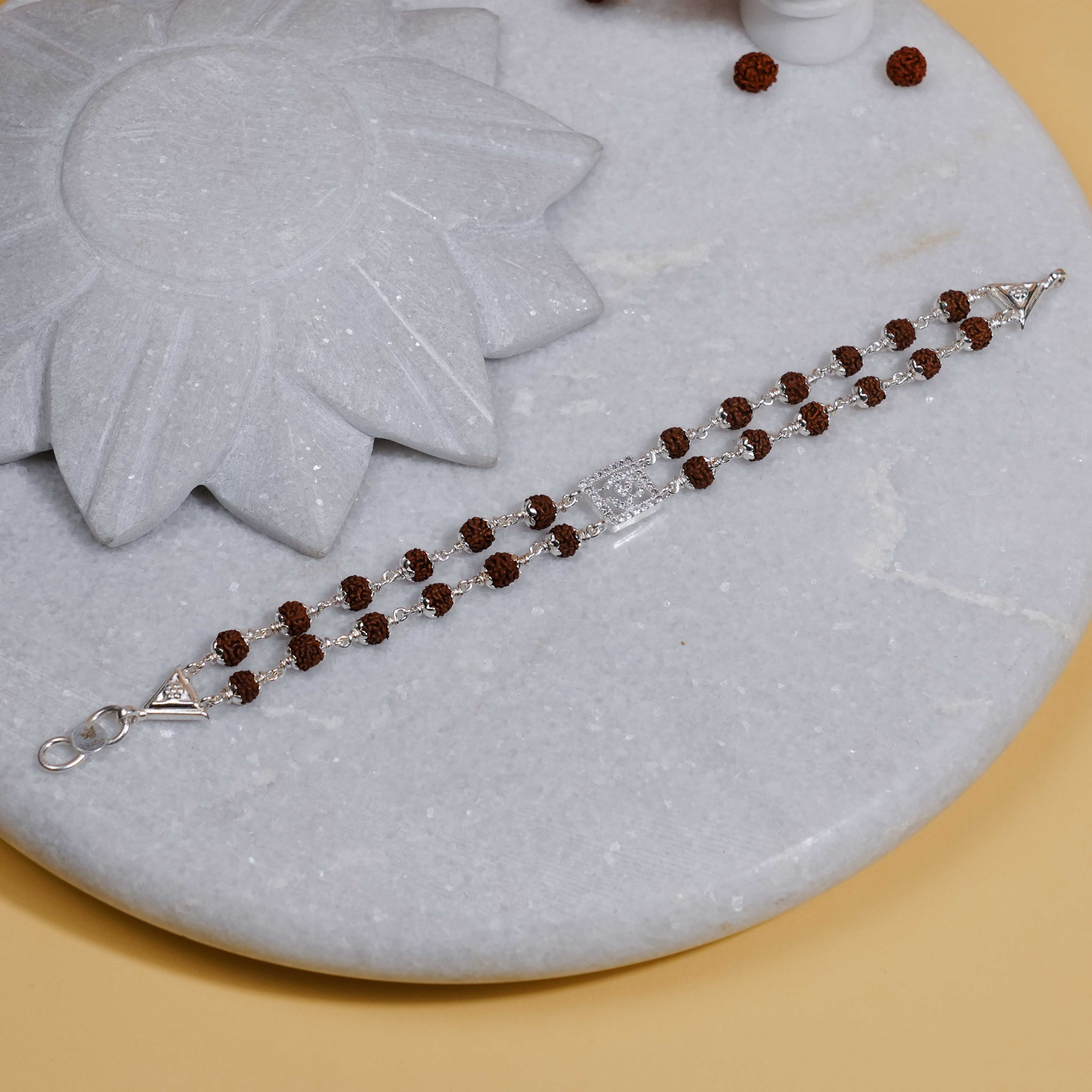Prinjal Jewellers Rudraksha Silver Square Daimond Om double line Bracelet - view 2