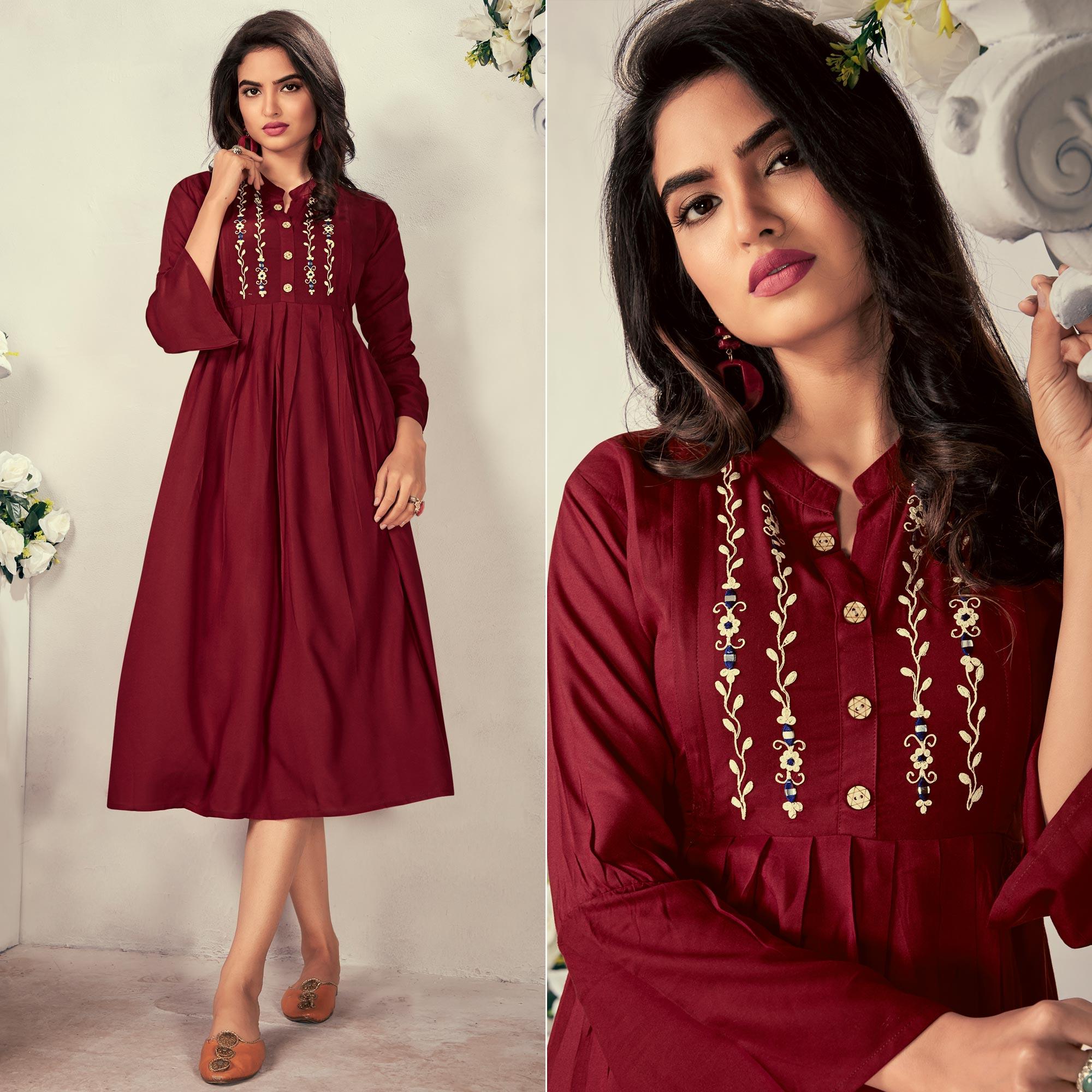 Peachmode Seller Maroon Casual Wear Embroidered Rayon Maternity Kurti
