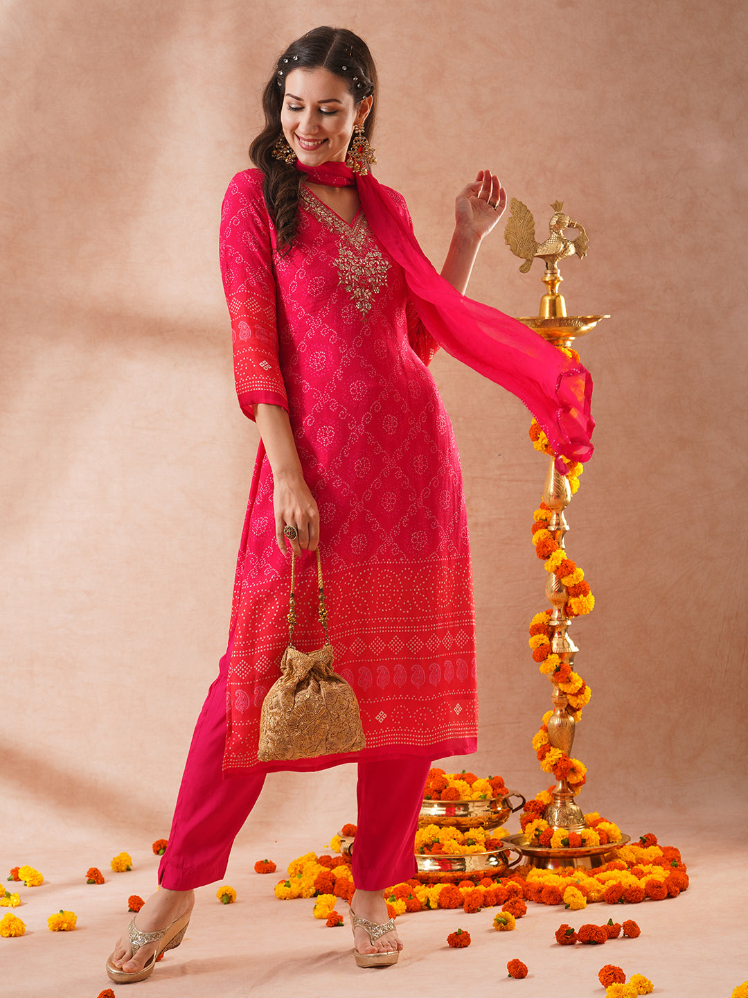 FASHOR Bandhani Printed & Embroidered Straight Fit Kurta with Pant & Dupatta - Pink - view 2